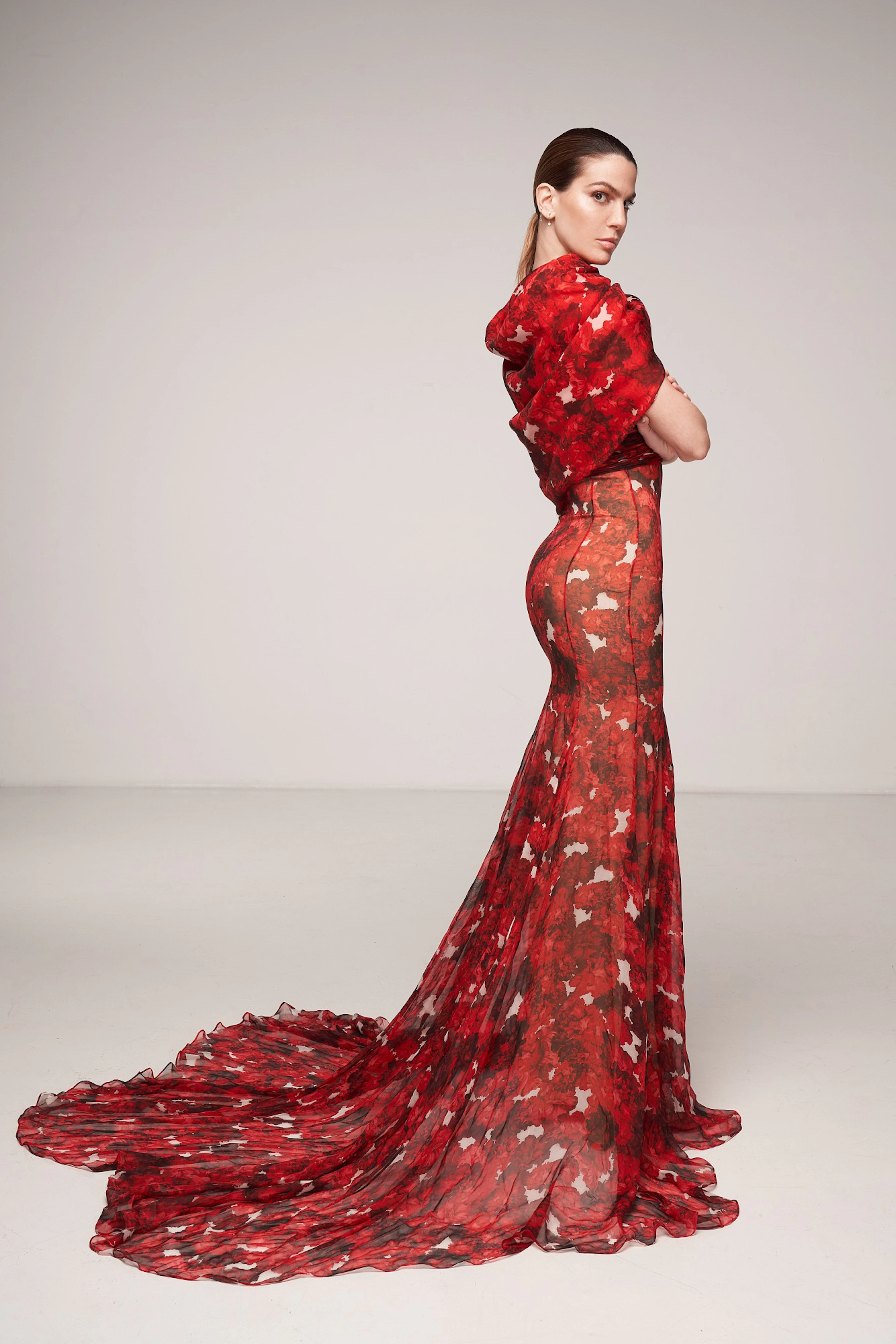 Haute Couture Floral Printed Silk Chiffon and Gazar Evening Gown