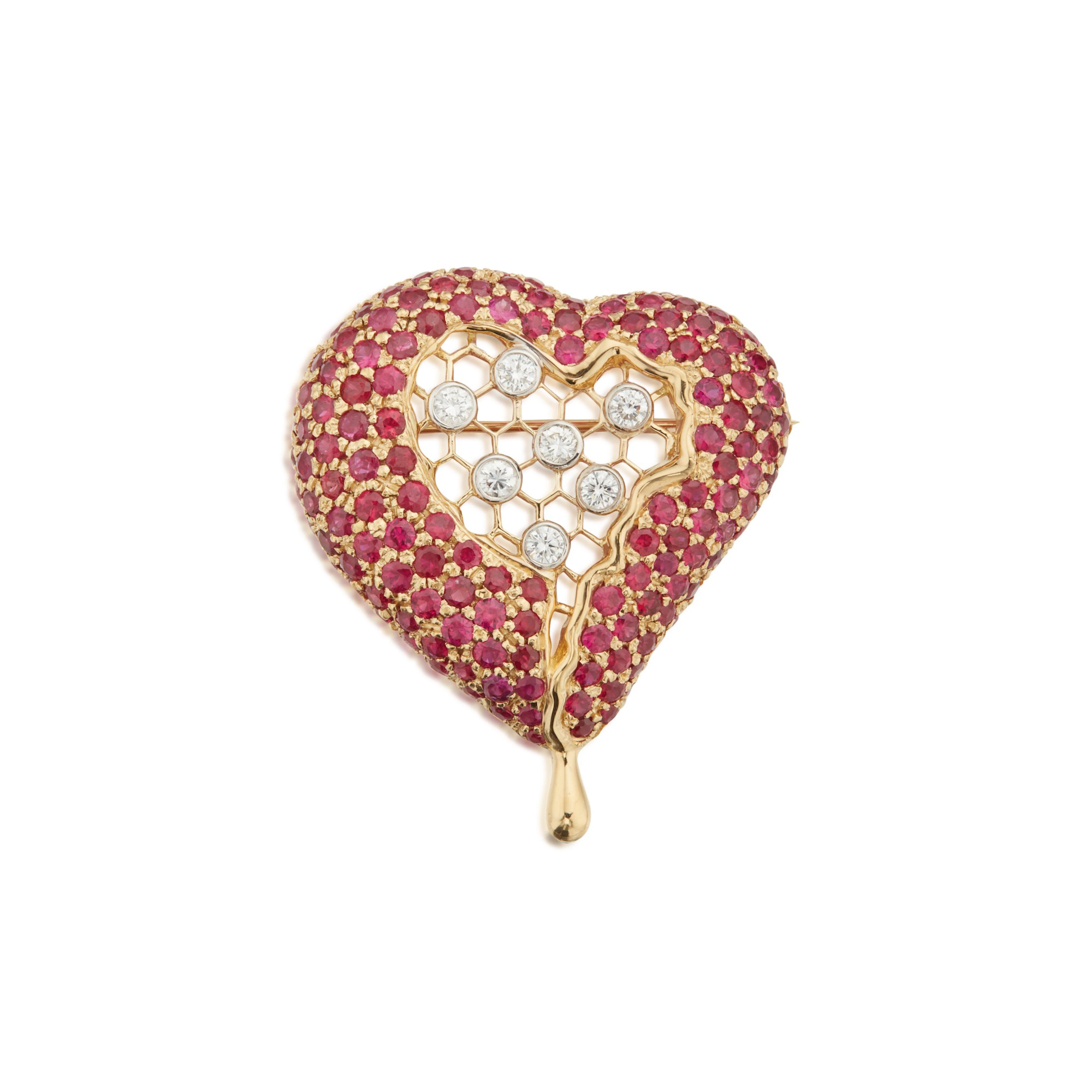 Henryk Kaston for Salvador Dalí | Ruby and Diamond 'Honeycomb Heart' Brooch