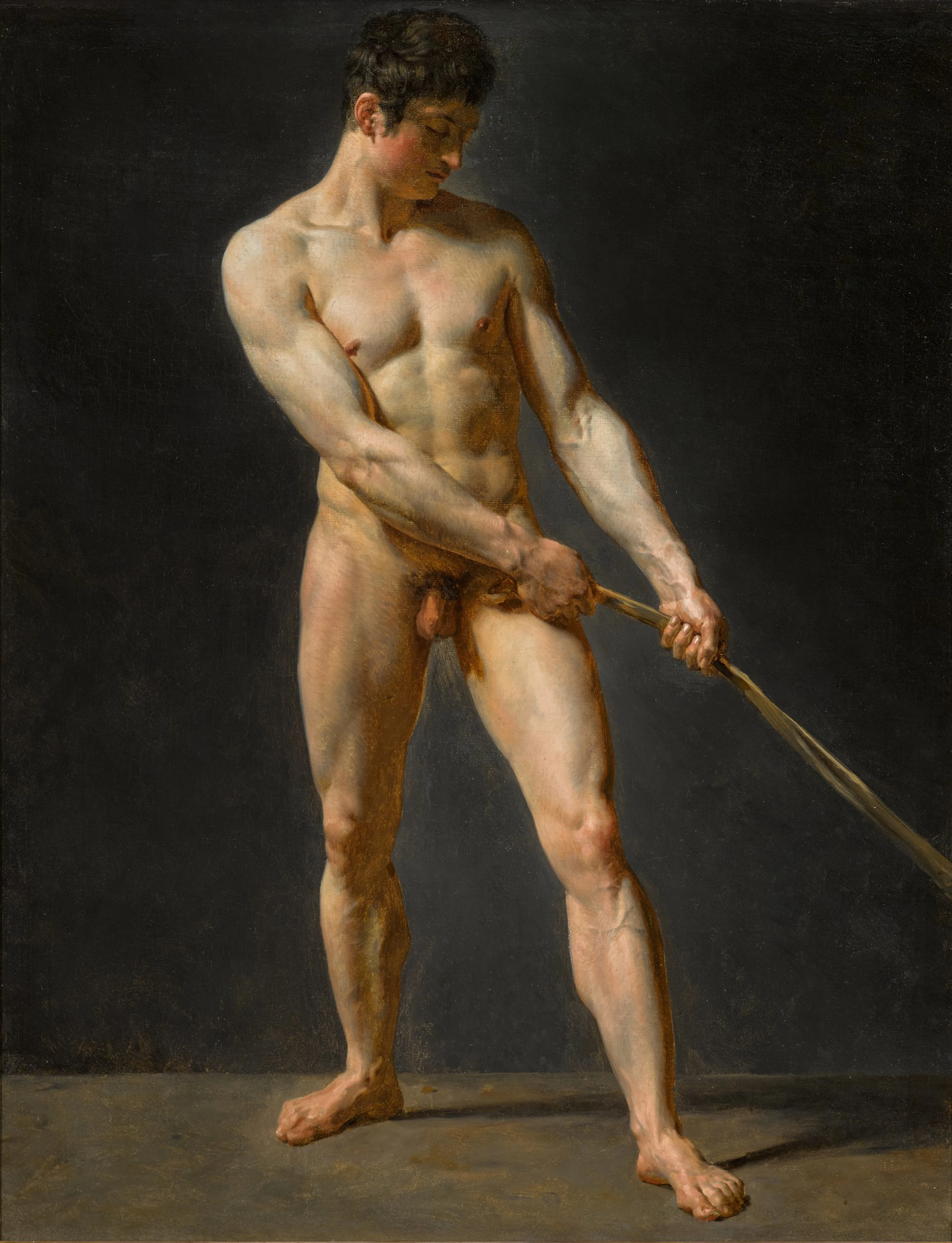 A standing male nude, pulling a rope