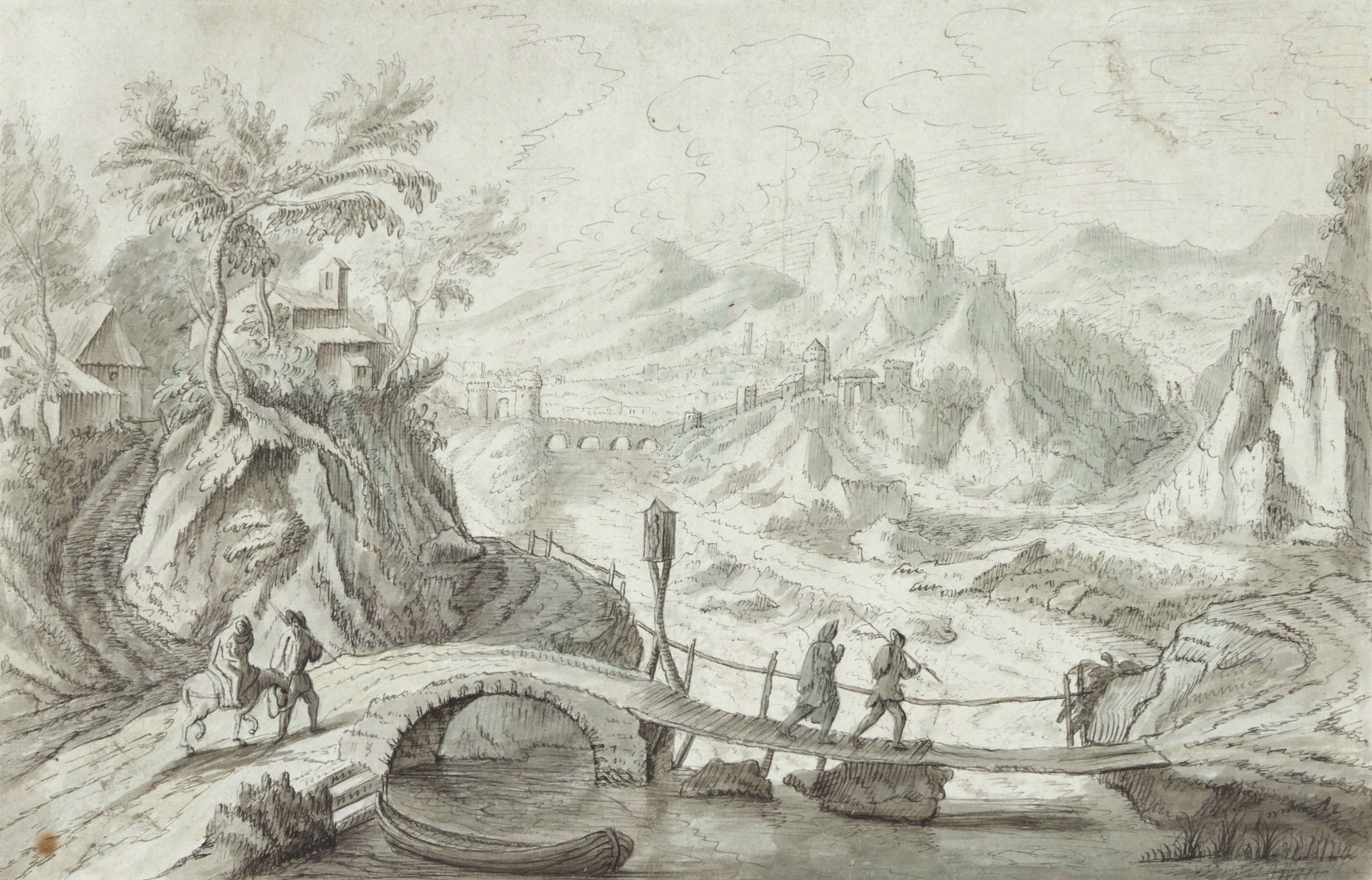 Mountainous landscape with travellers on a bridge