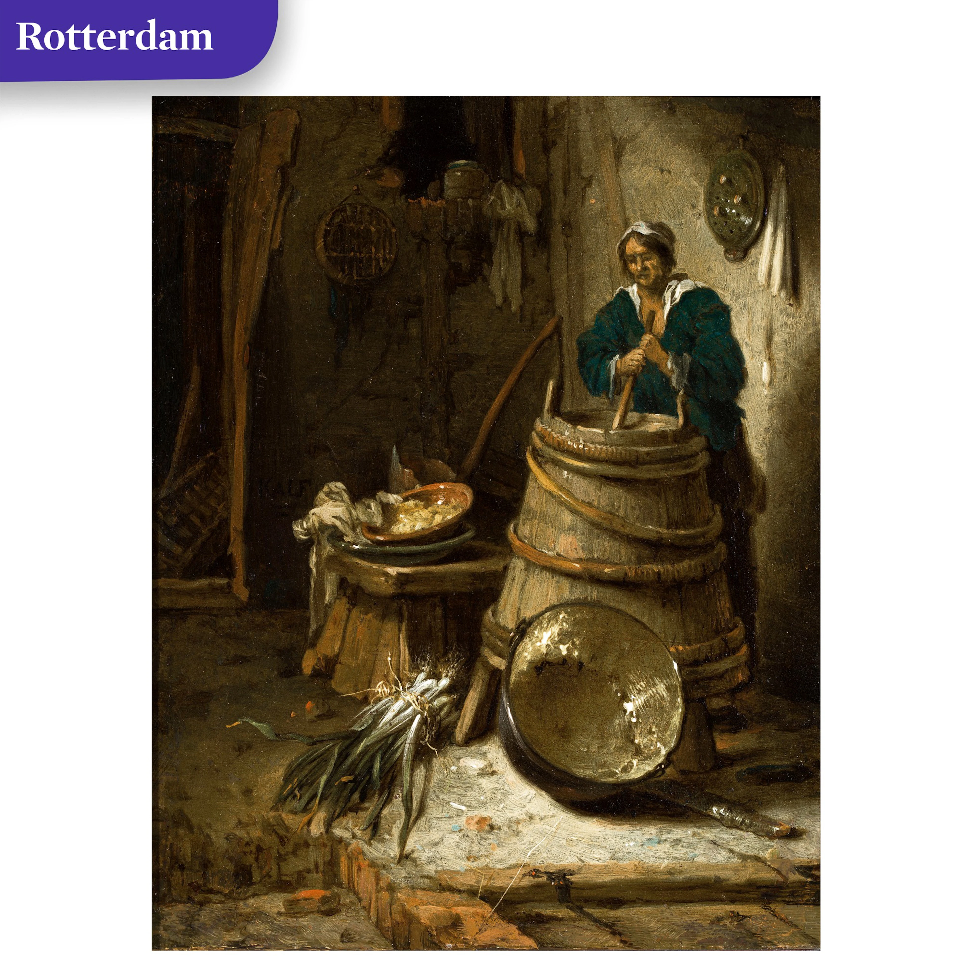 Barn interior with a woman churning butter