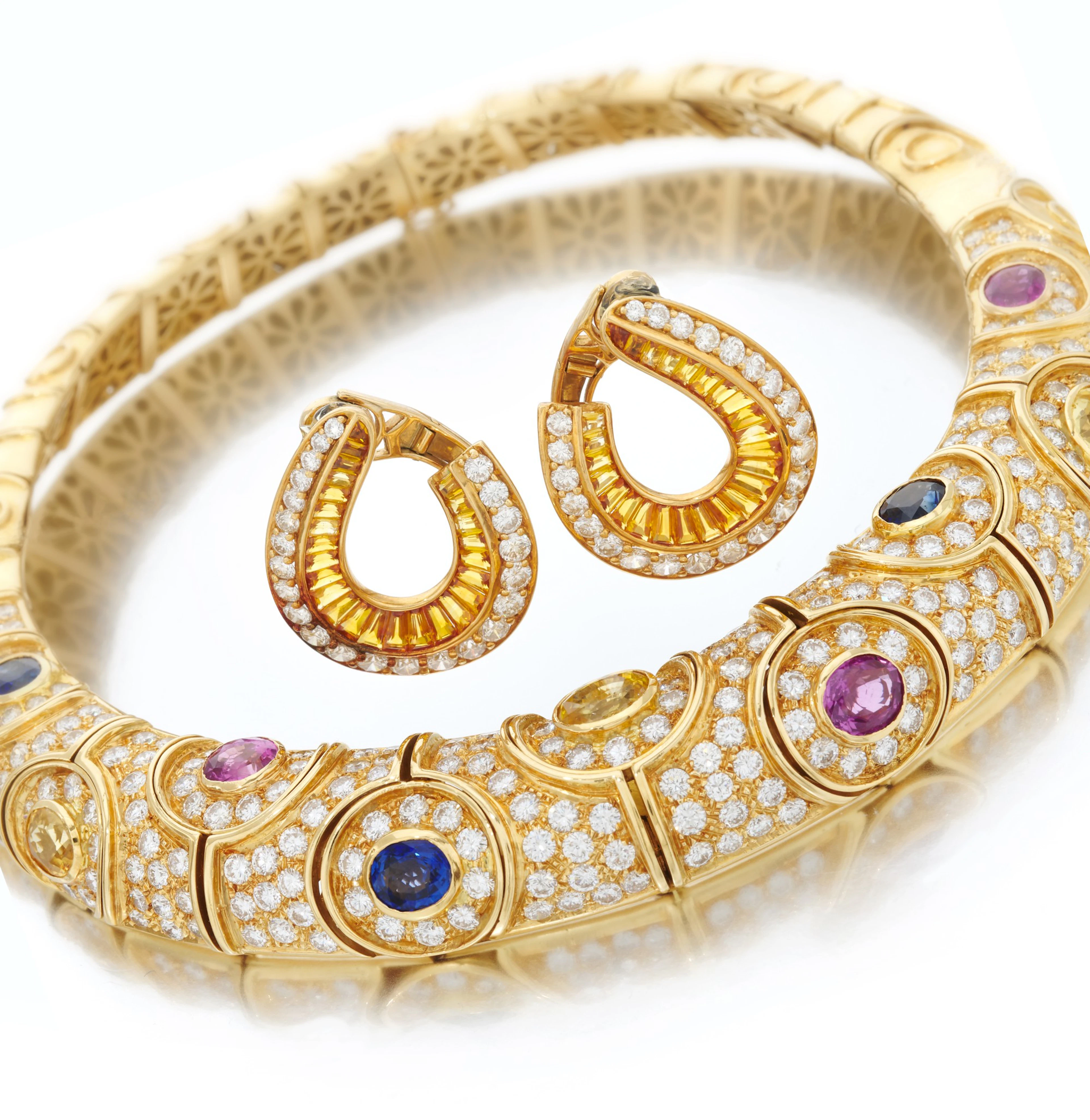 Multicolored sapphire and diamond choker and pair of...