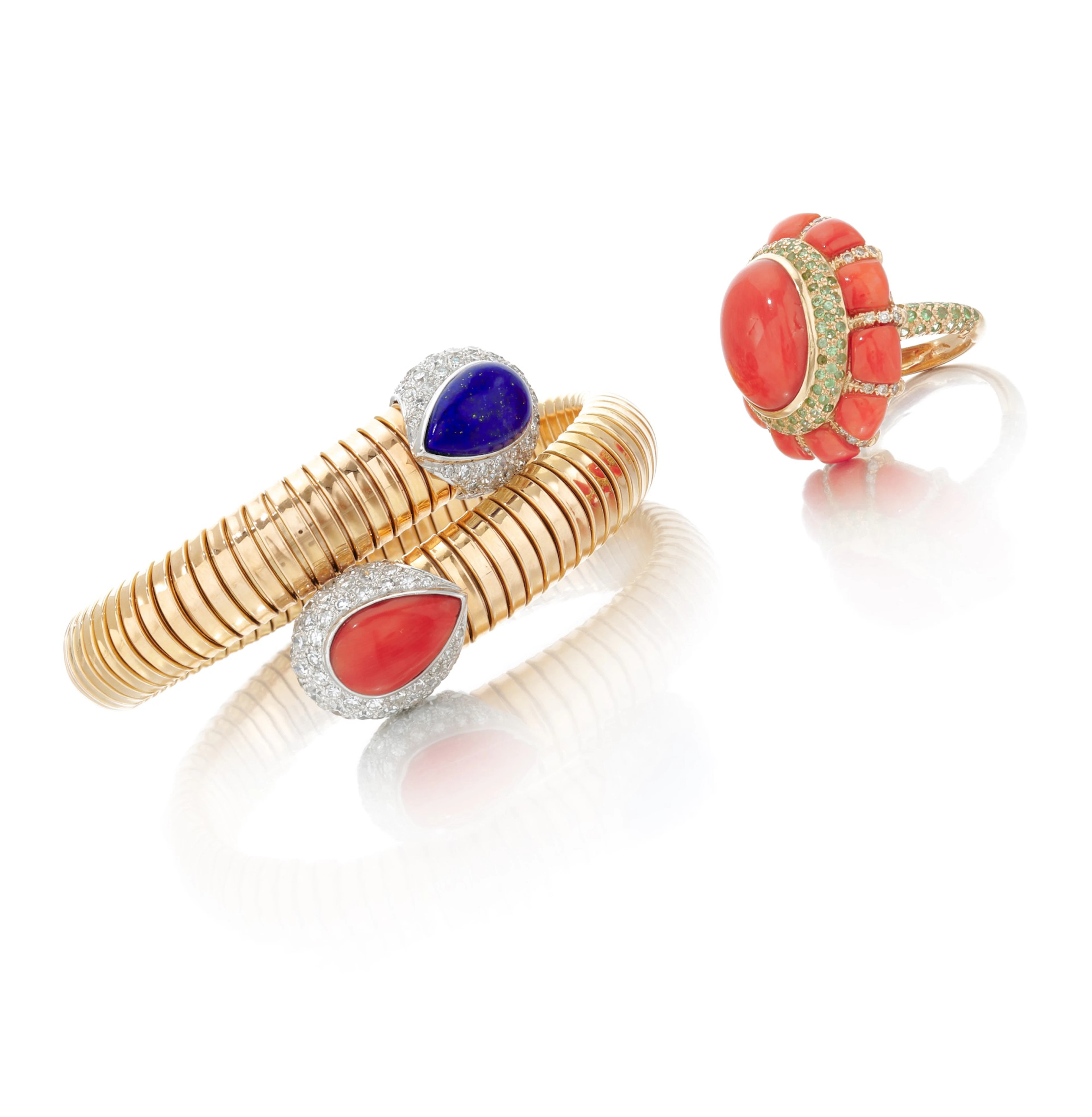 Coral, emerald and diamond ring and Lapis lazuli