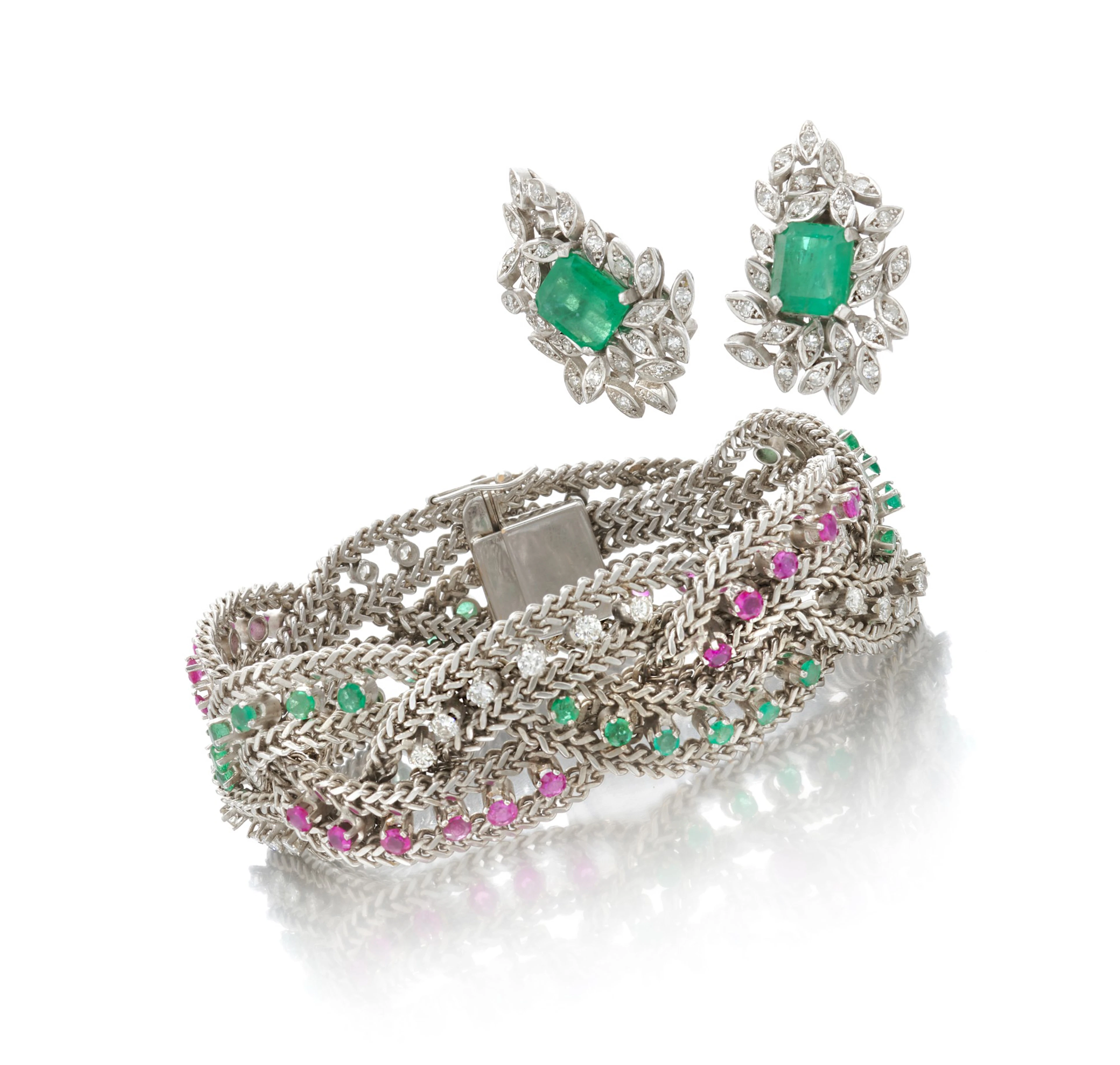 Emerald, ruby and diamond bracelet and pair of emerald...