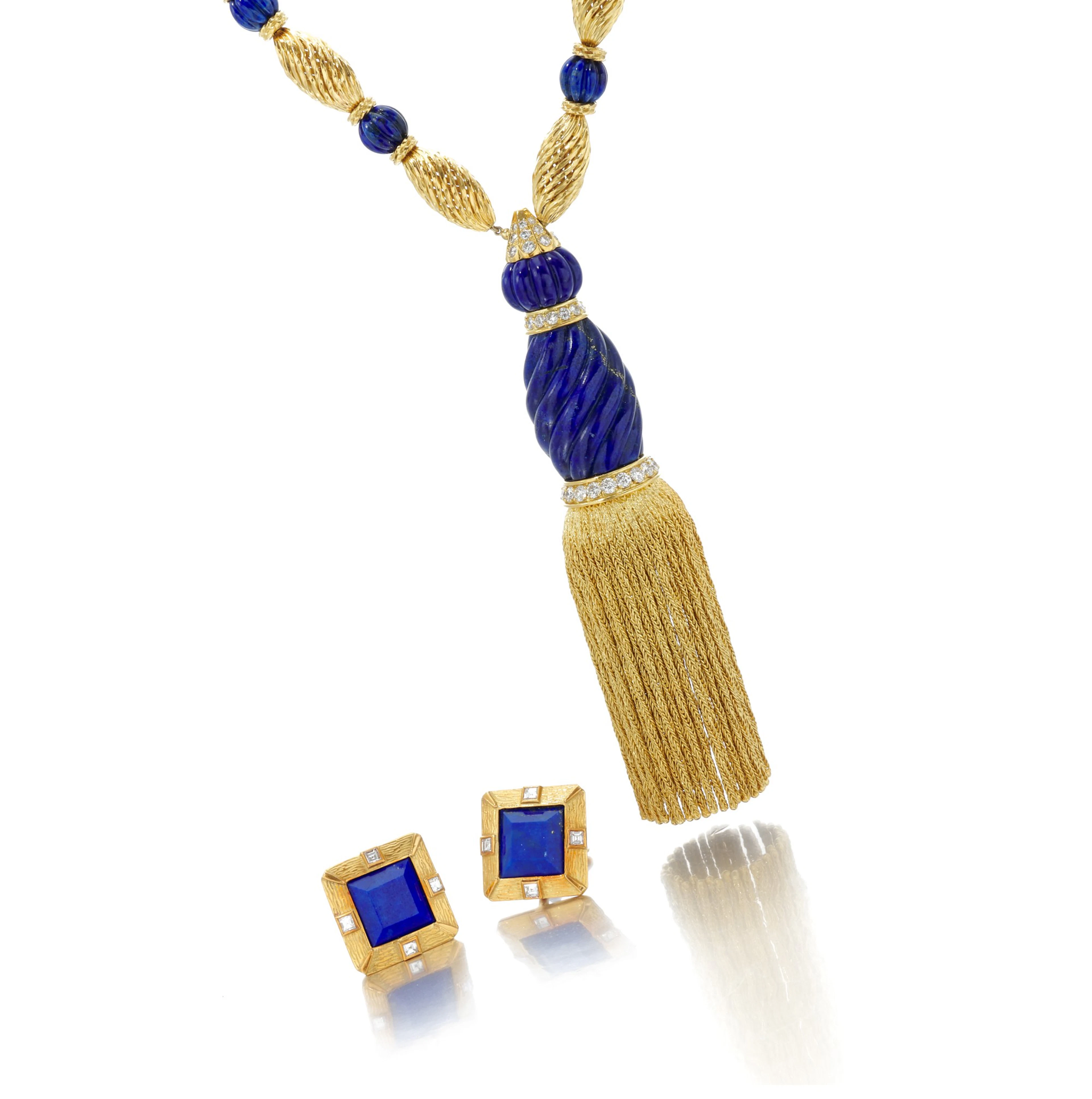 Lapis Lazuli and diamond necklace and pair of earclips...