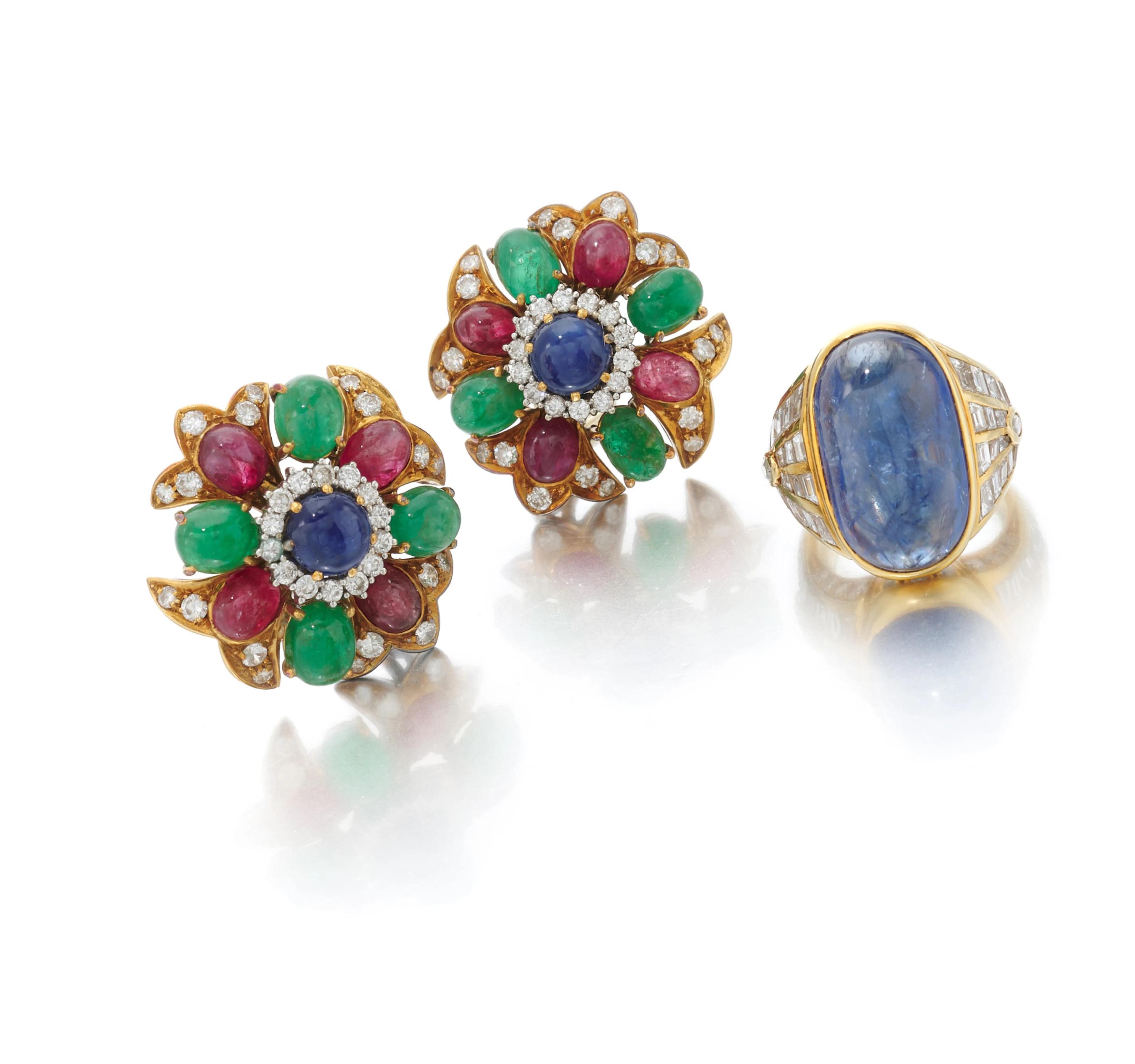 Pair of gem-set and diamond earclips and a sapphire and...