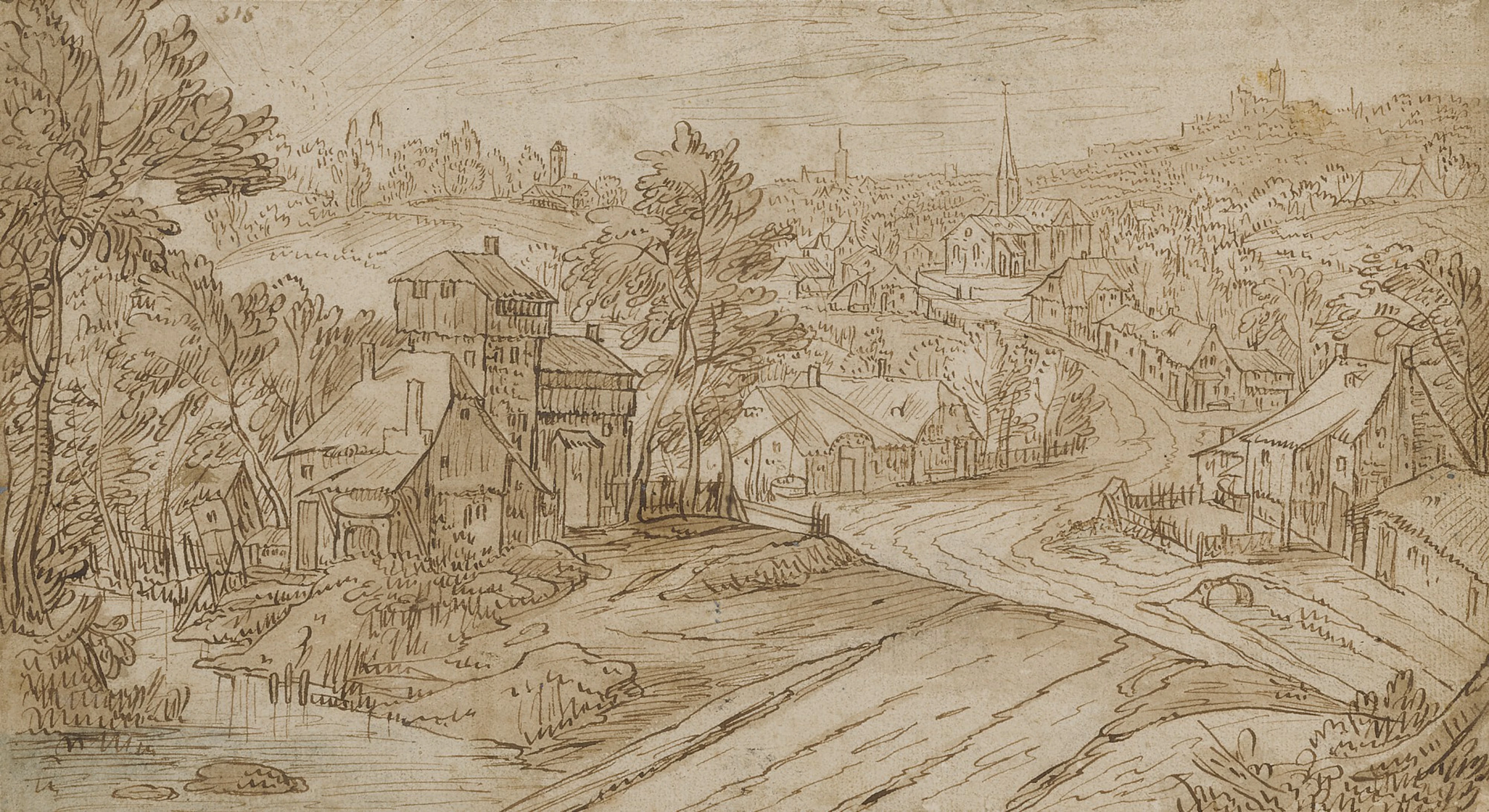 Village landscape with a church in the distance