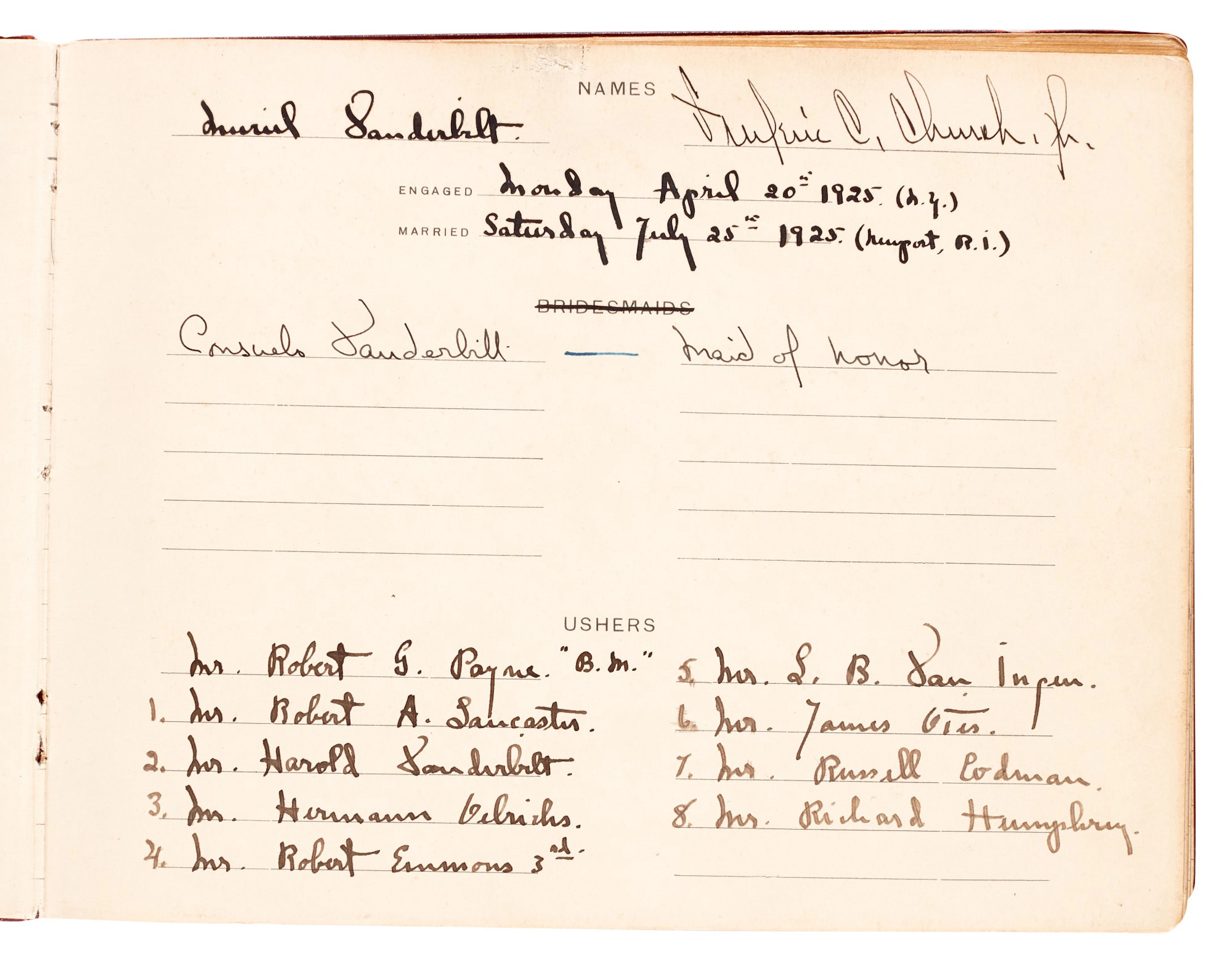 Muriel Vanderbilt and Frederic C. Church | wedding list, 1925