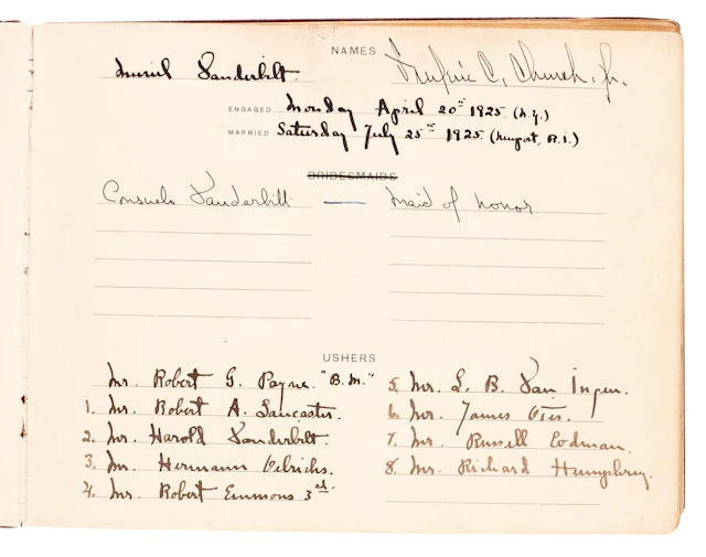 Muriel Vanderbilt and Frederic C. Church | wedding list, 1925