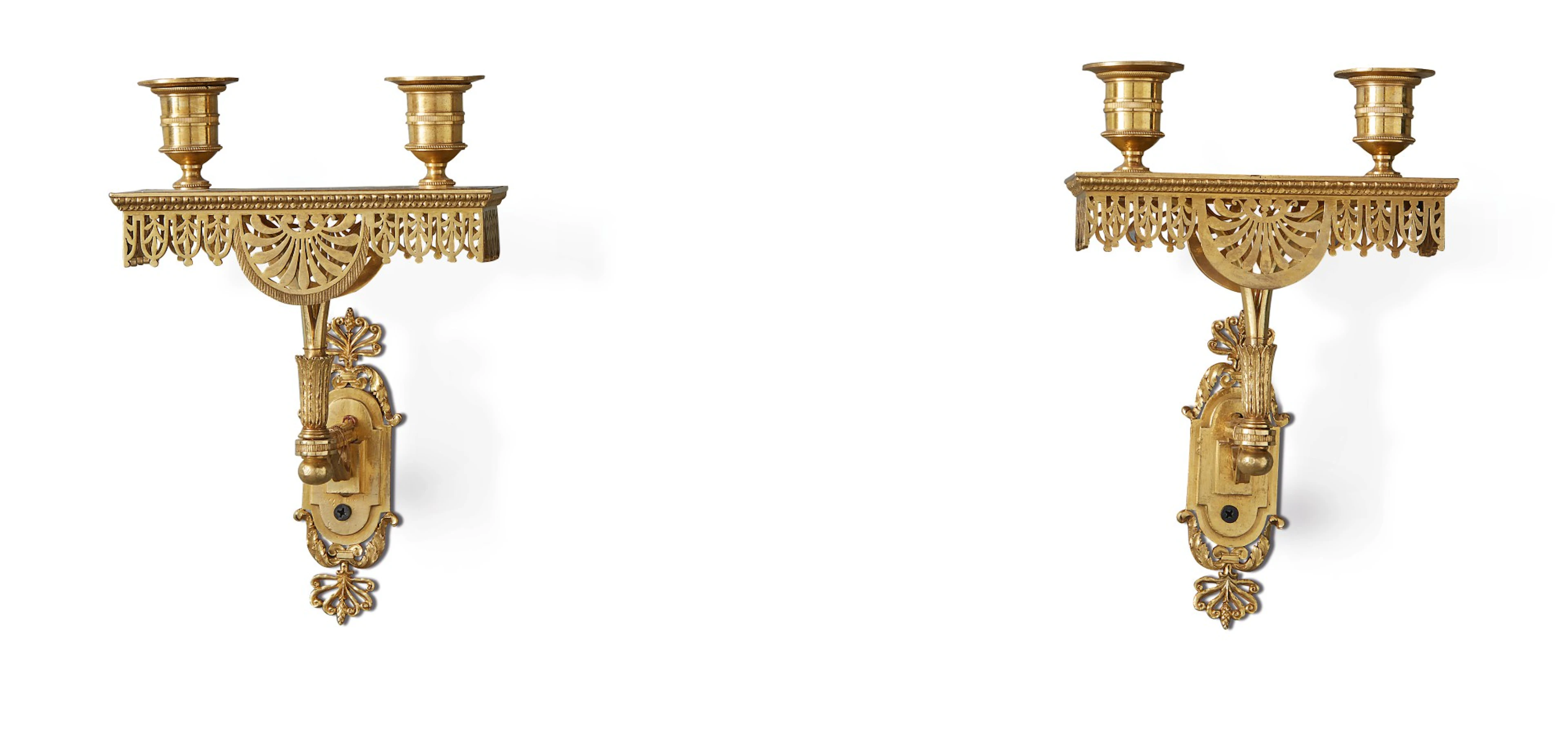 A Pair of Louis XVI Gilt Bronze Two-Light Wall Lights, Late 18th Century
