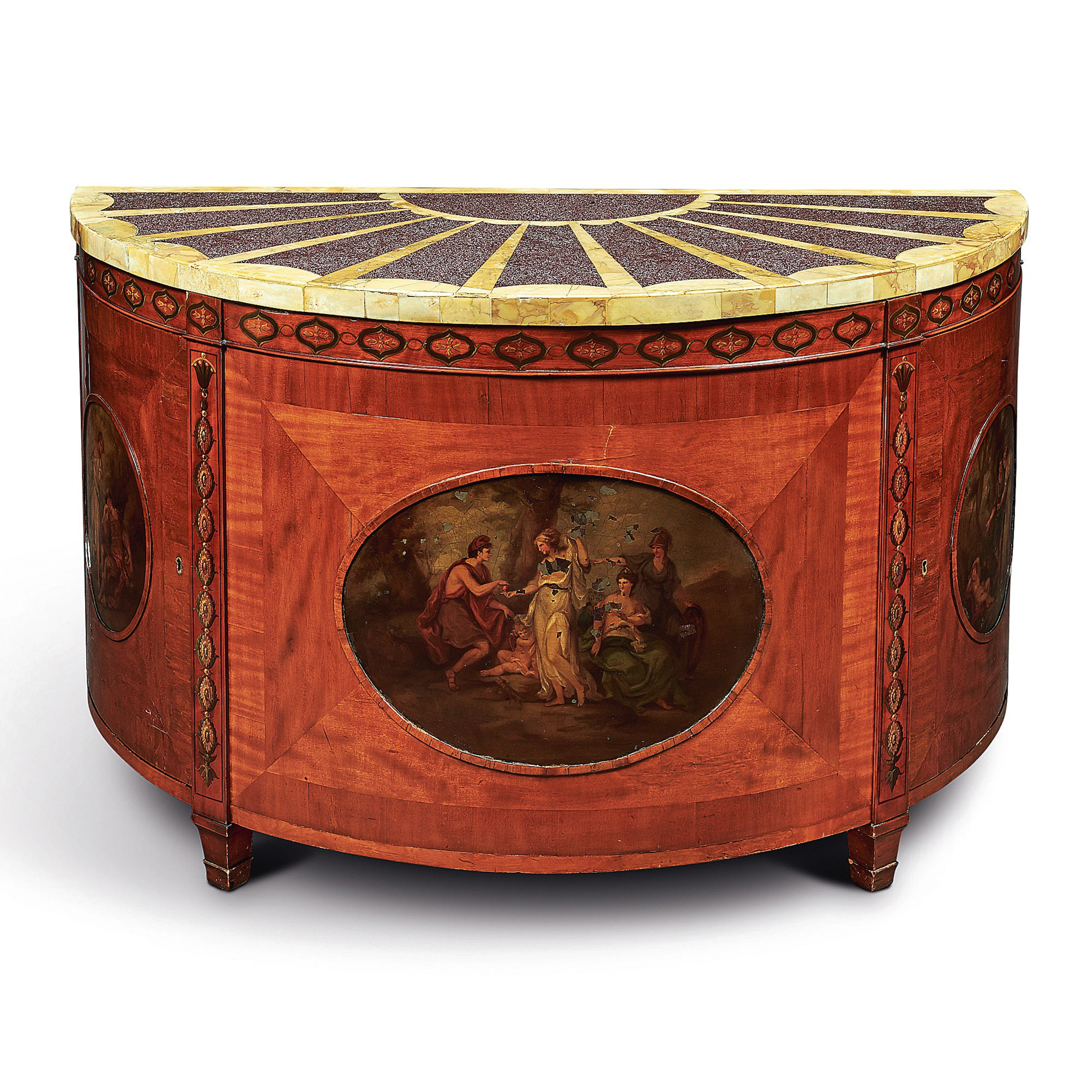 A George III Satinwood and Painted Demilune Commode, Late 18th Century