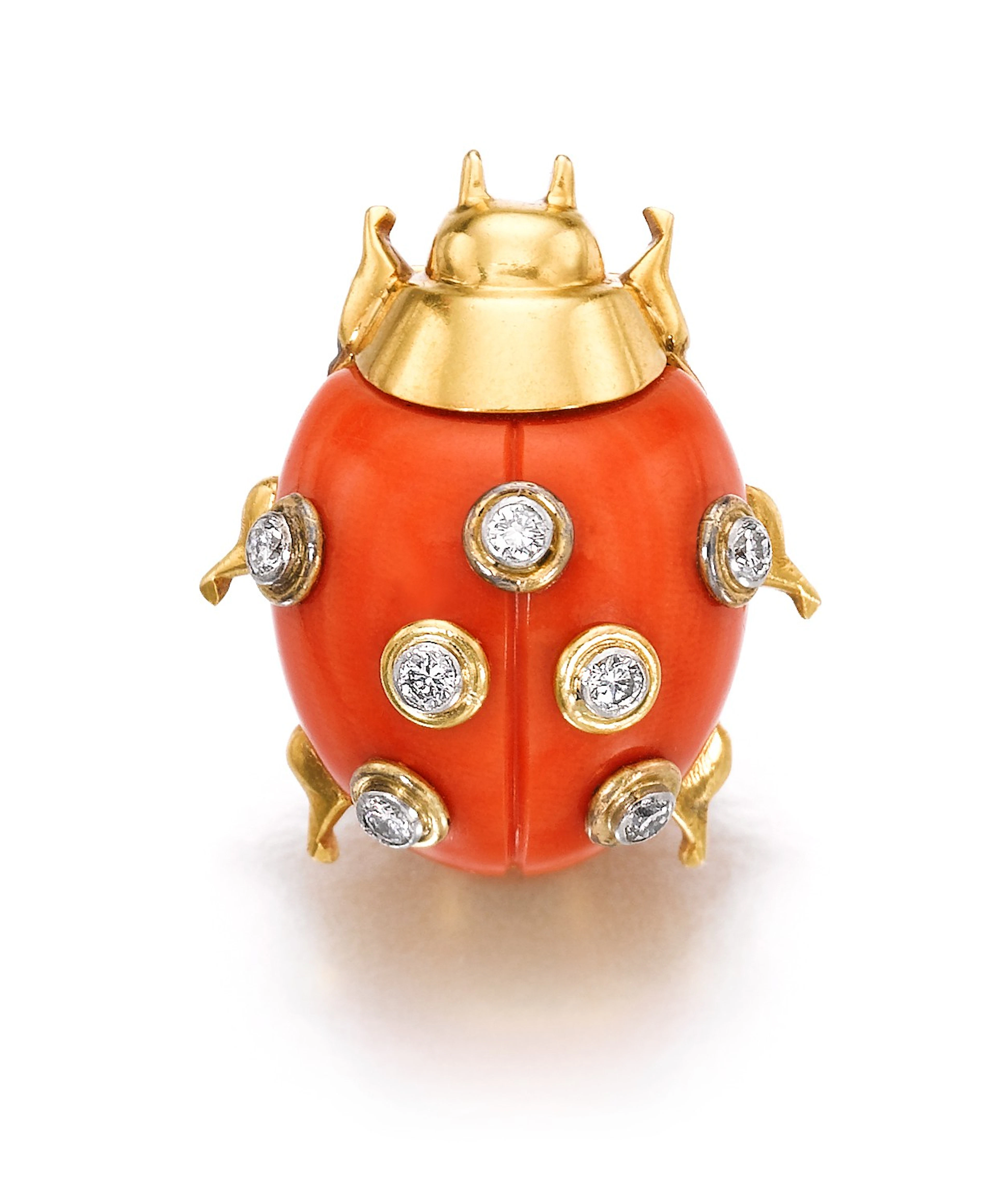 Cartier | Coral and diamond clip, 'COCCINELLE' | 卡地亞 | 珊瑚配鑽石「COCCINELLE」別針