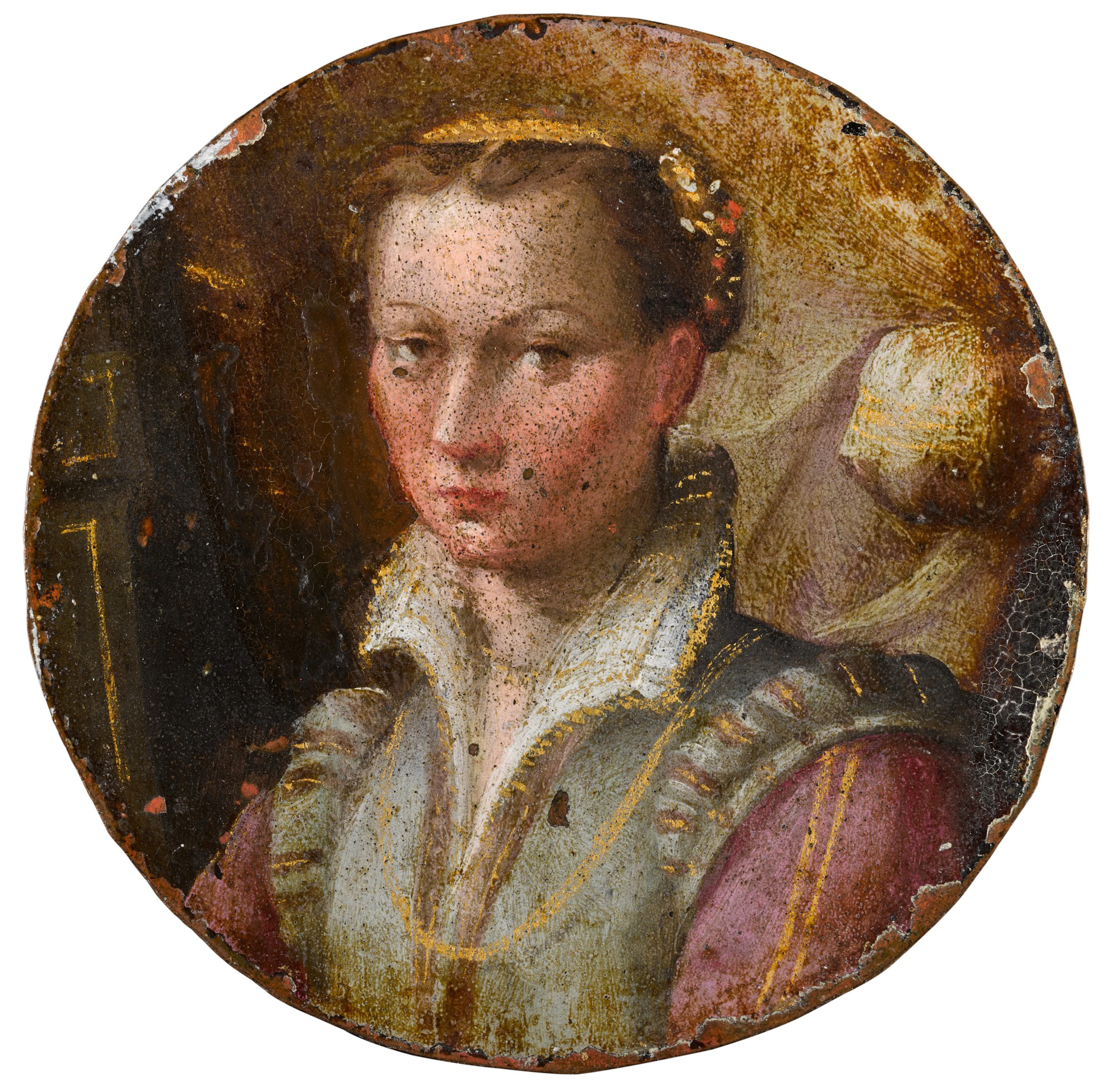Portrait of a young woman, bust-length, in a green dress with pink sleeves