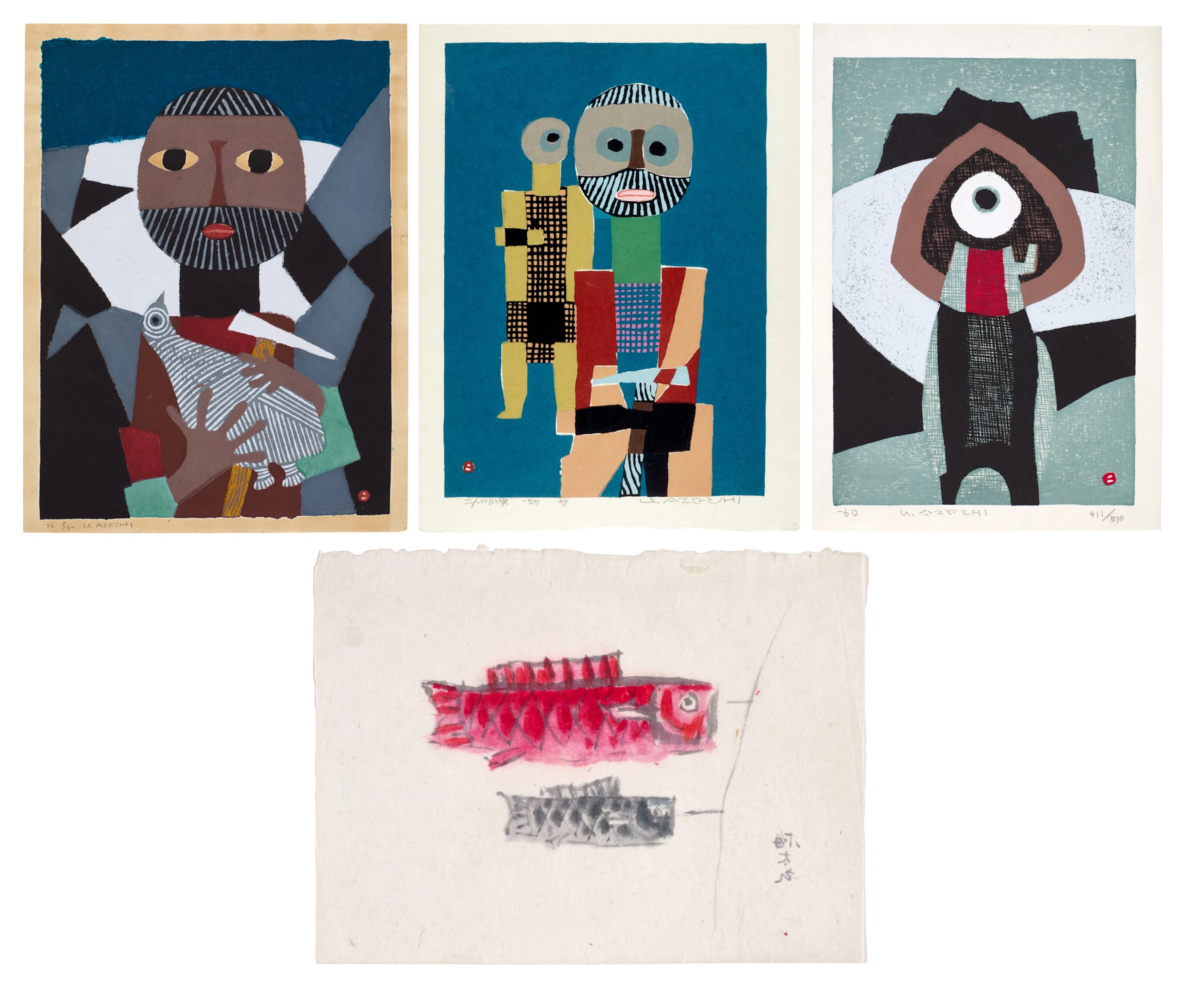 Azechi Umetaro (1902-1999) Three woodblock prints and a drawing