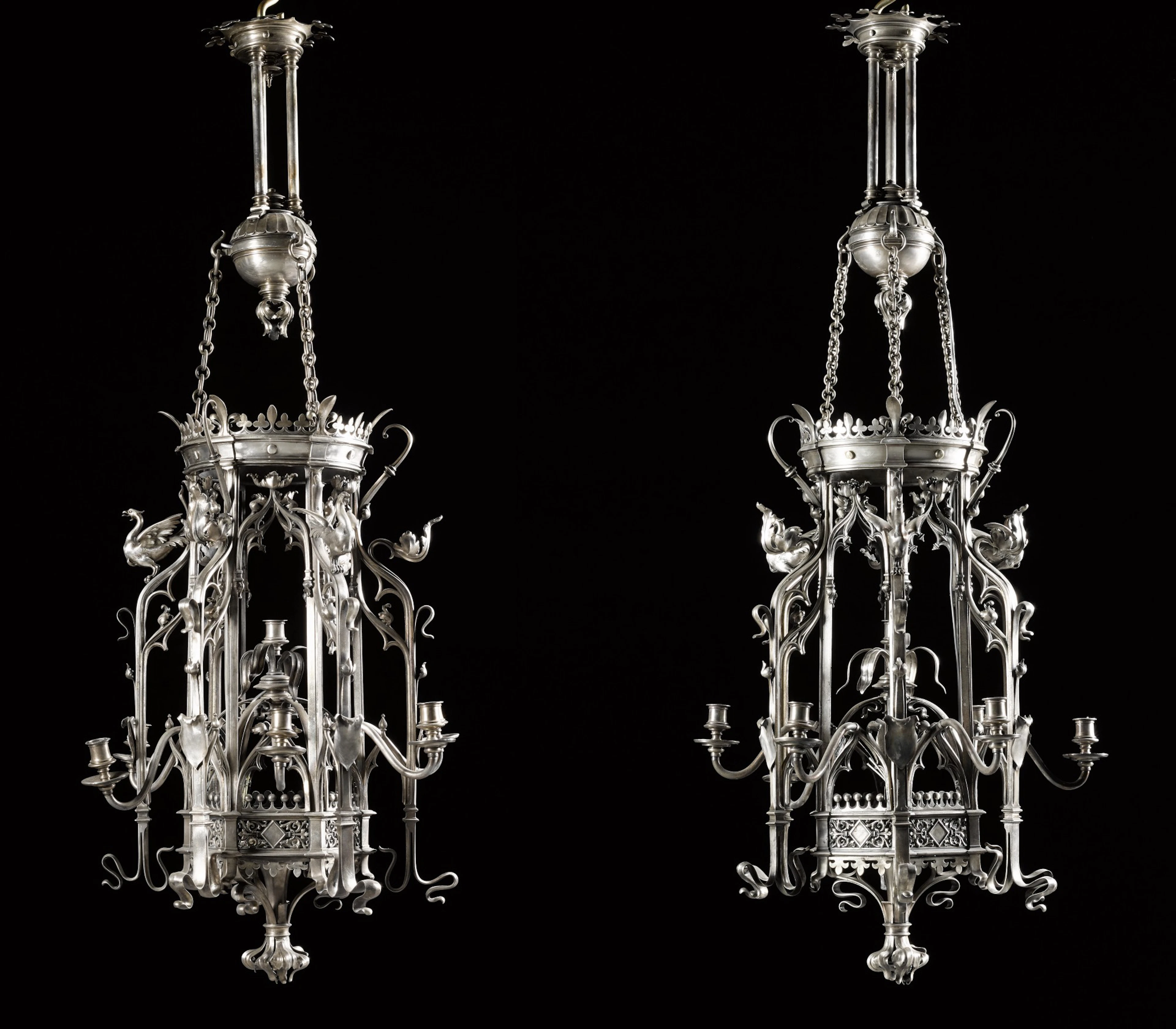 A pair of French neo-gothic silvered bronze seven-light lanterns