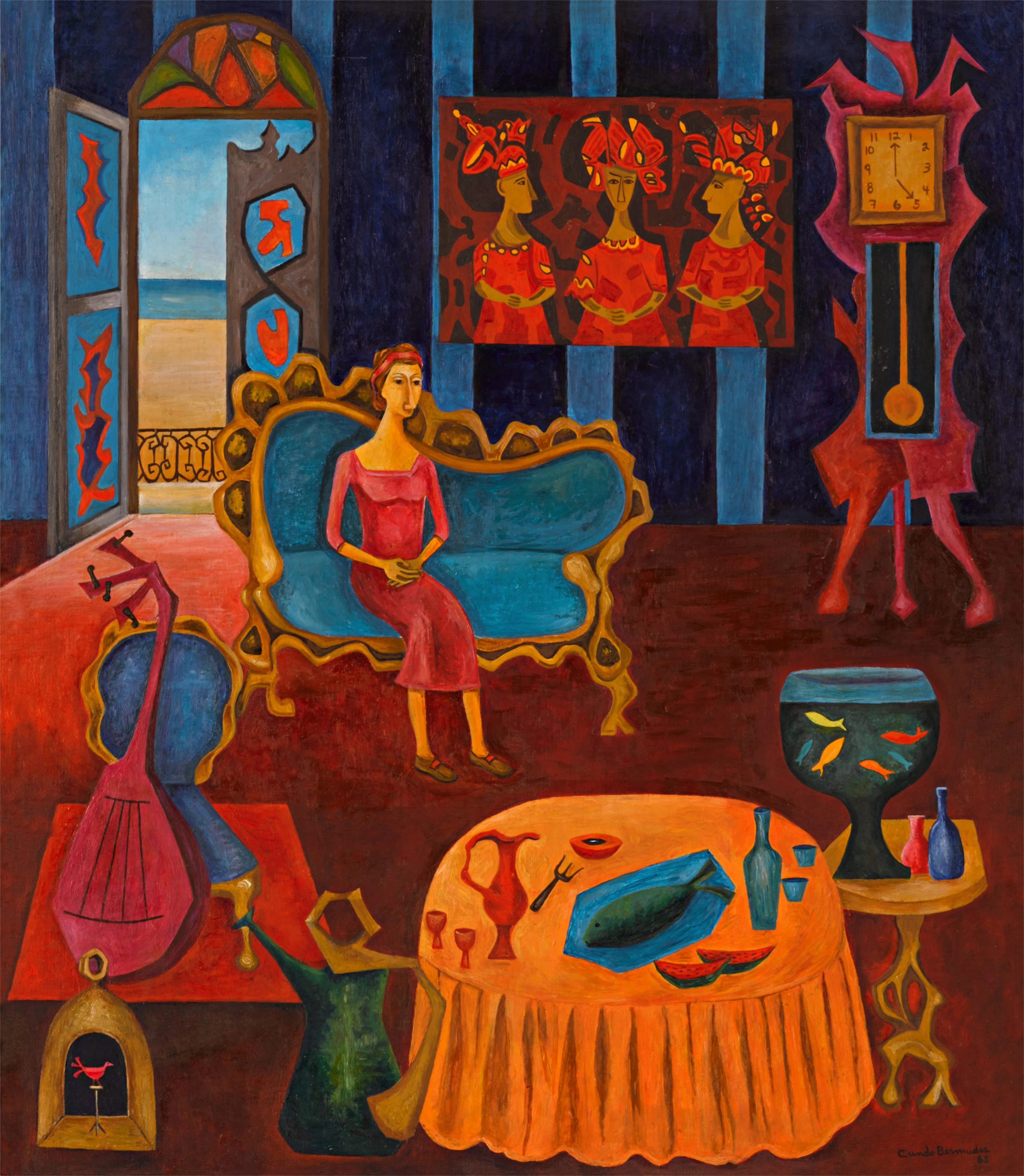 Retrato de Margarita en interior de sala con reloj y mesa