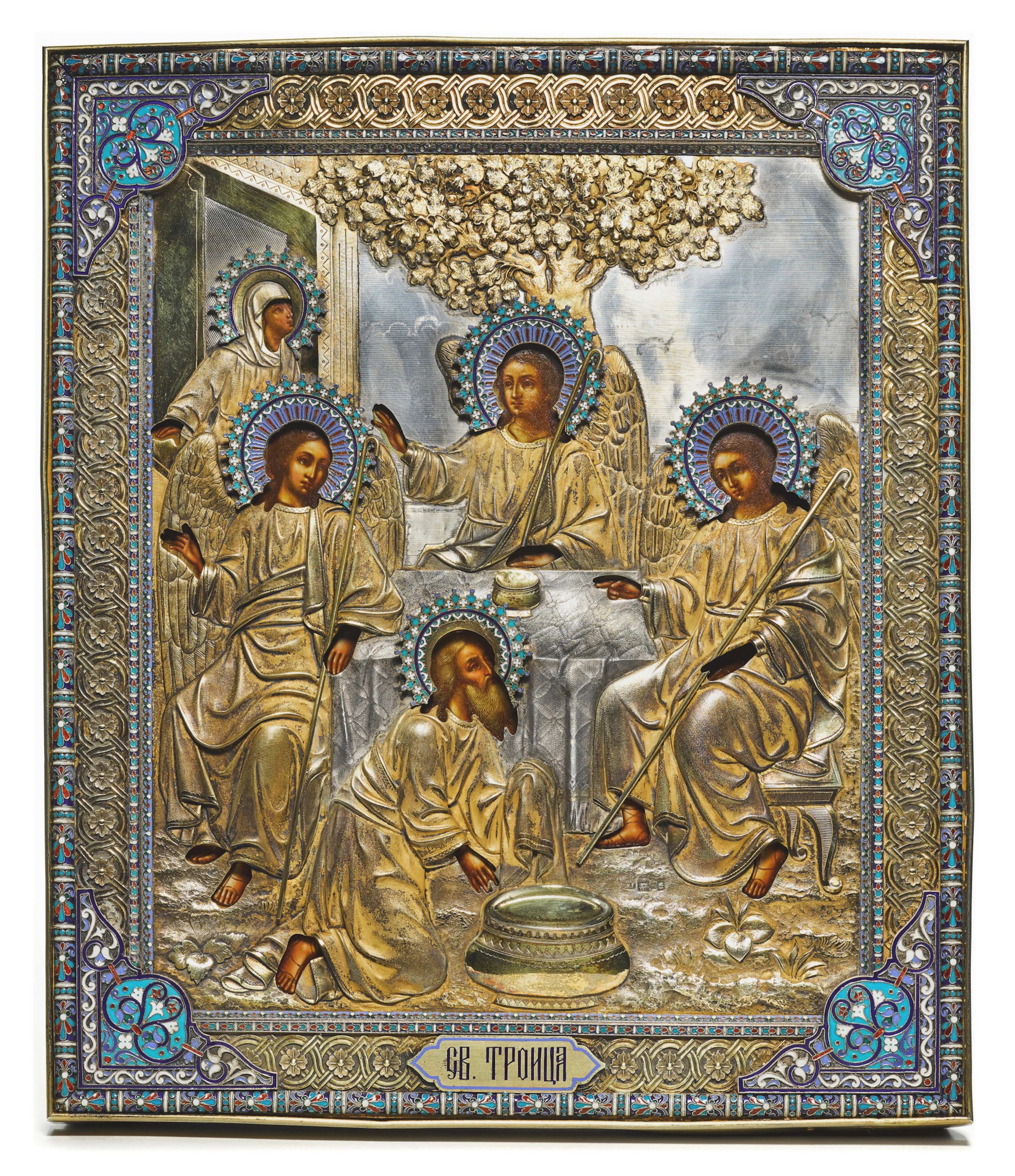 A silver-gilt and cloisonné enamel icon of the Trinity
