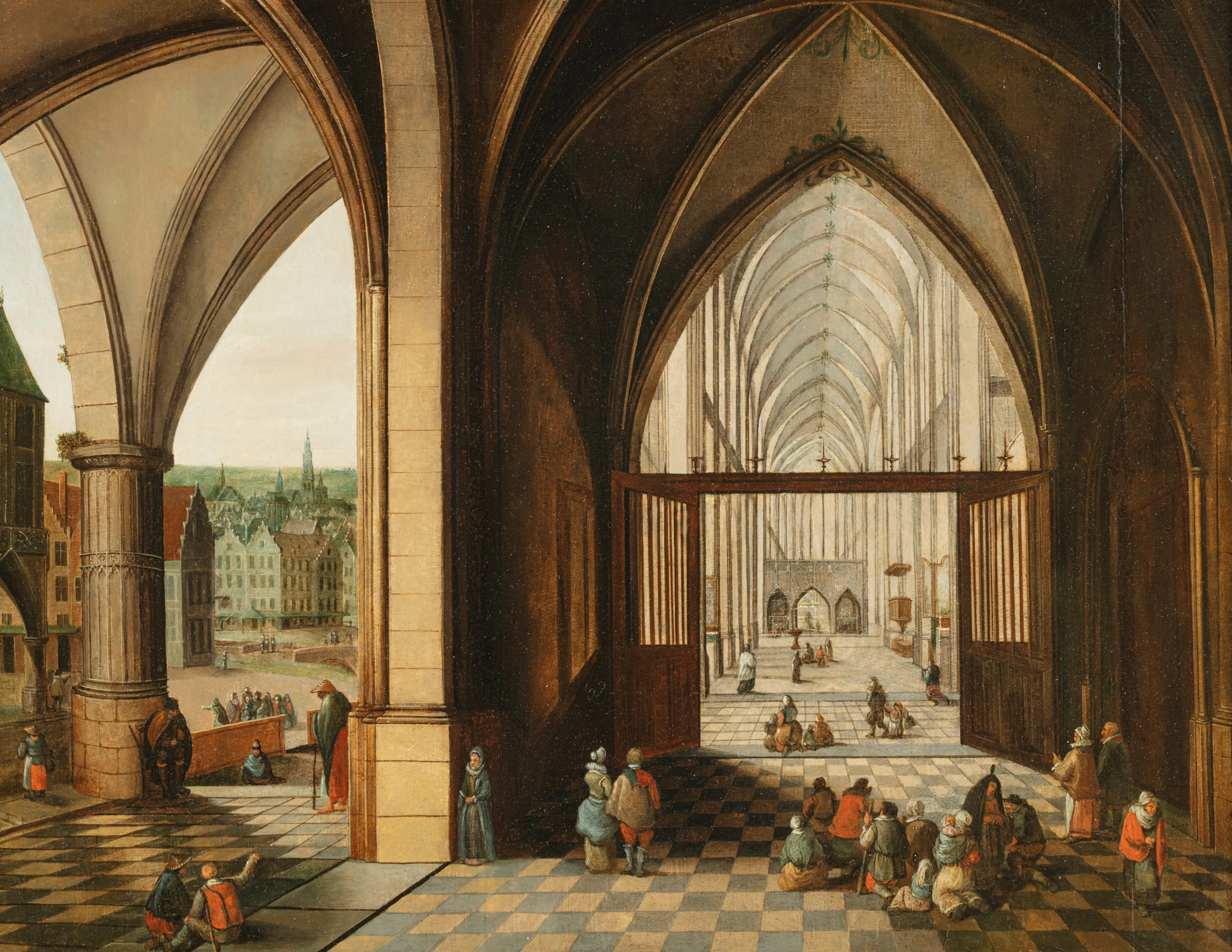 An Imaginary Church Interior with a Town beyond