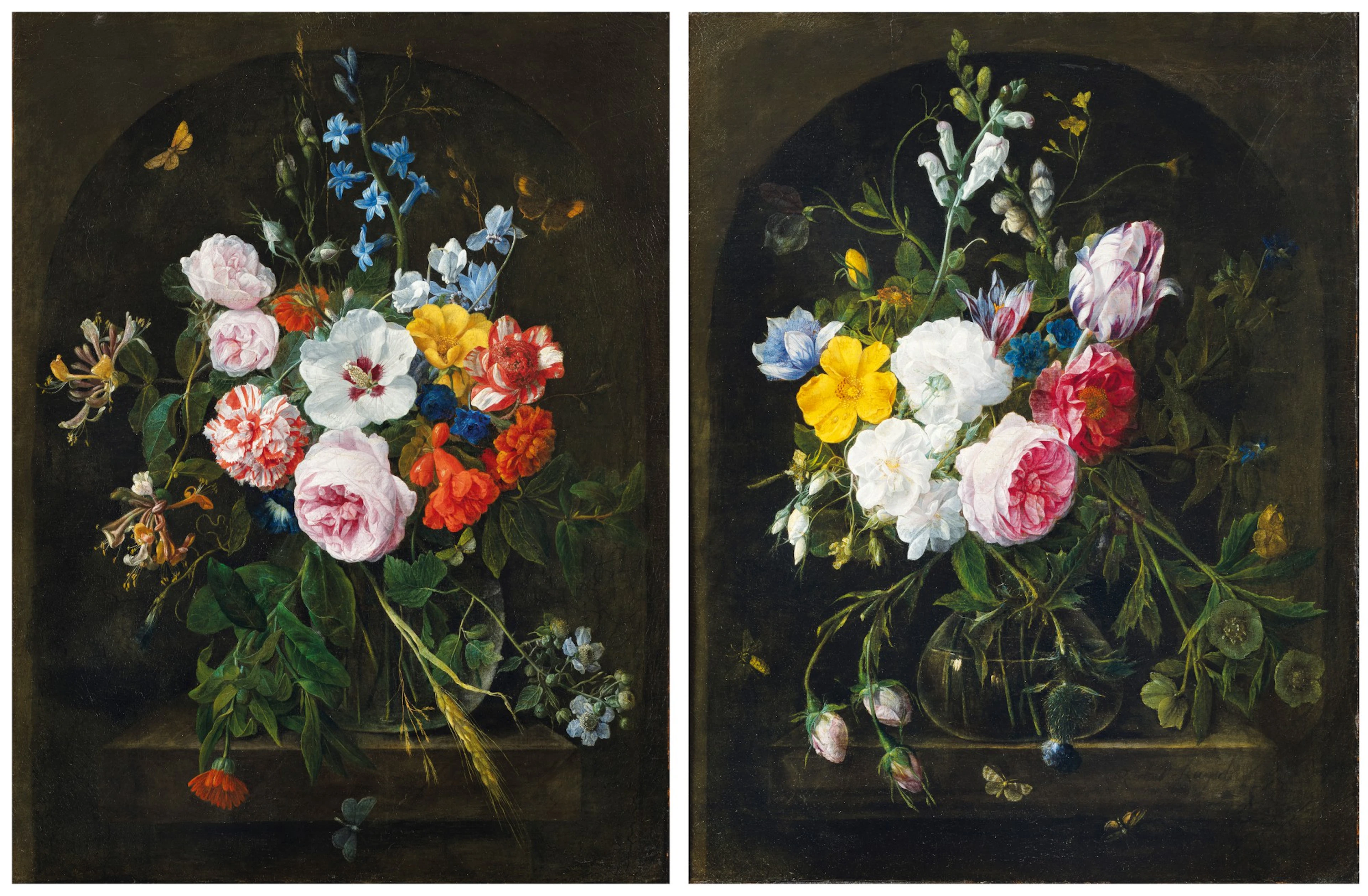 Still lifes with flowers in a crystal vase