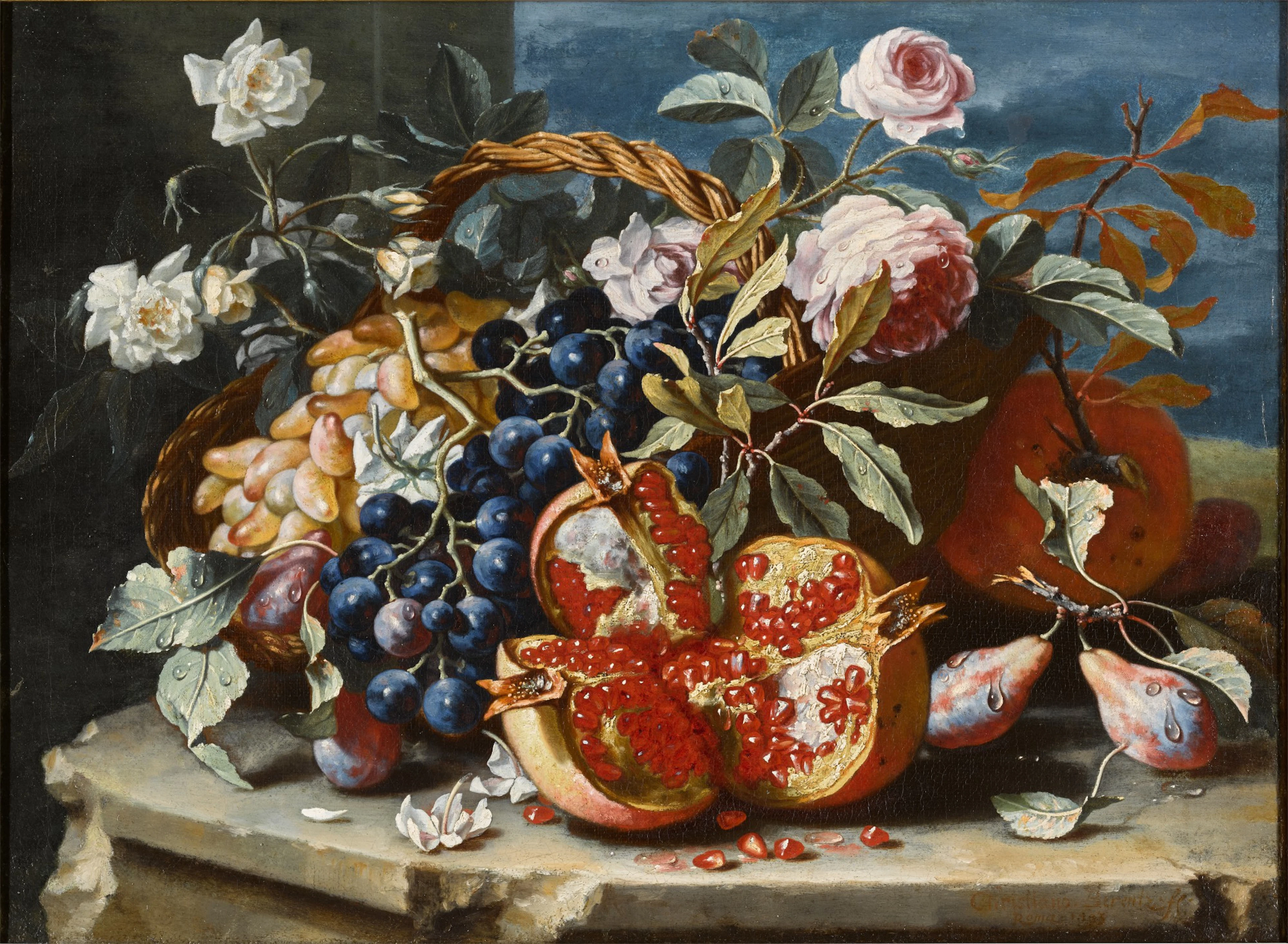 Still life with a pomegranate and grapes
