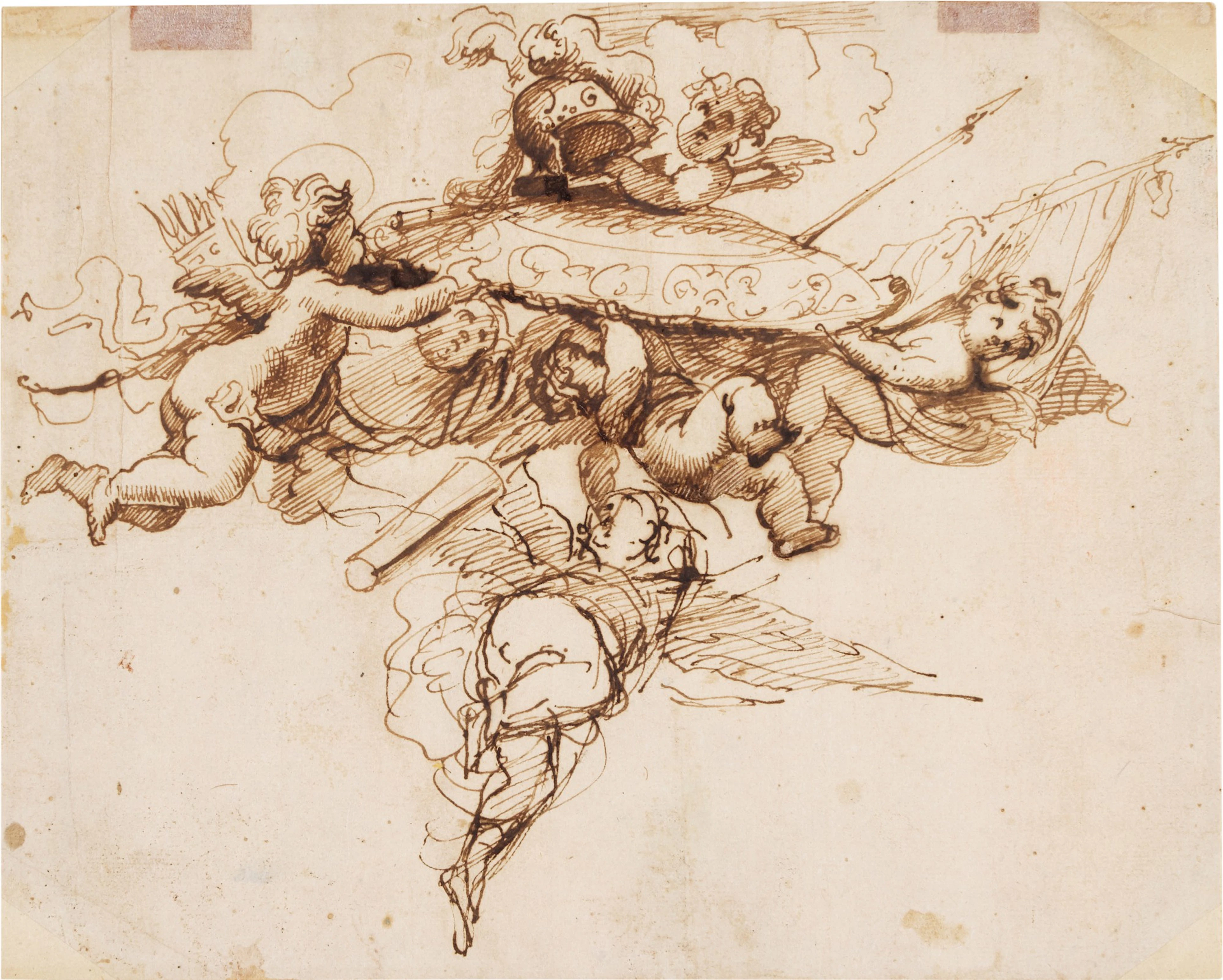 Flying putti bearing trophies