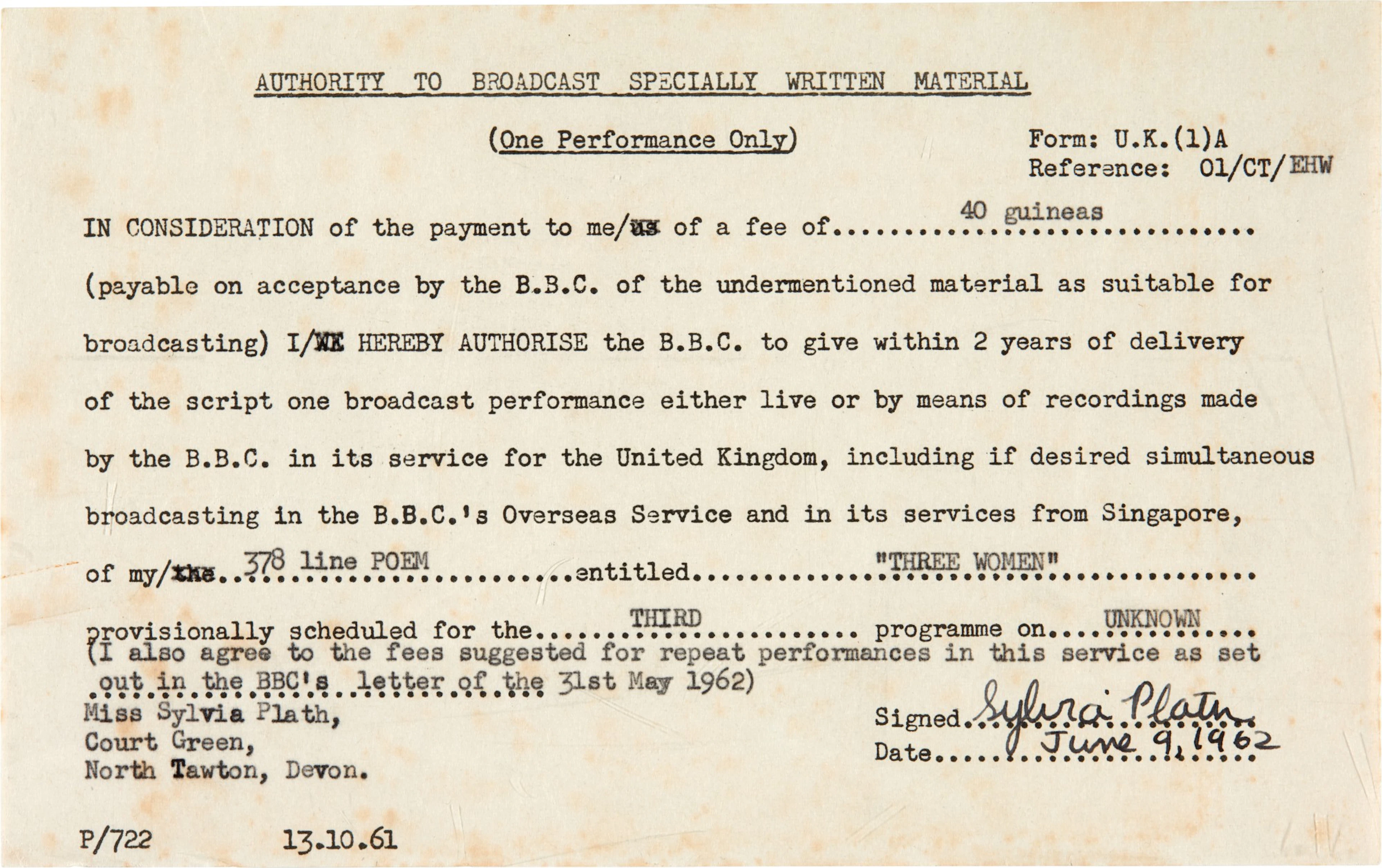 Sylvia Plath | Document signed