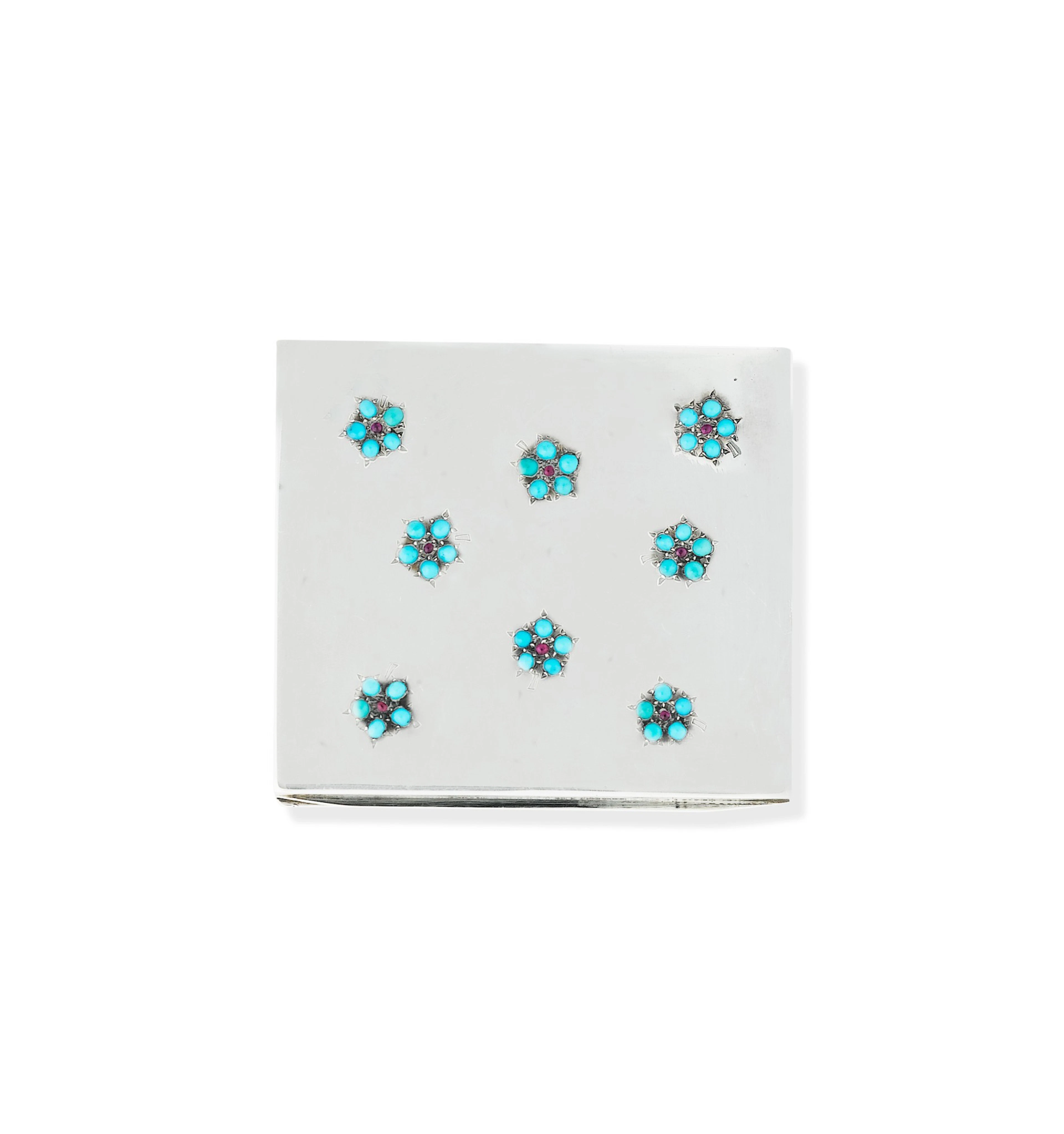 Poudrier argent, rubis et turquoises | Silver, ruby and turquoise powder compact