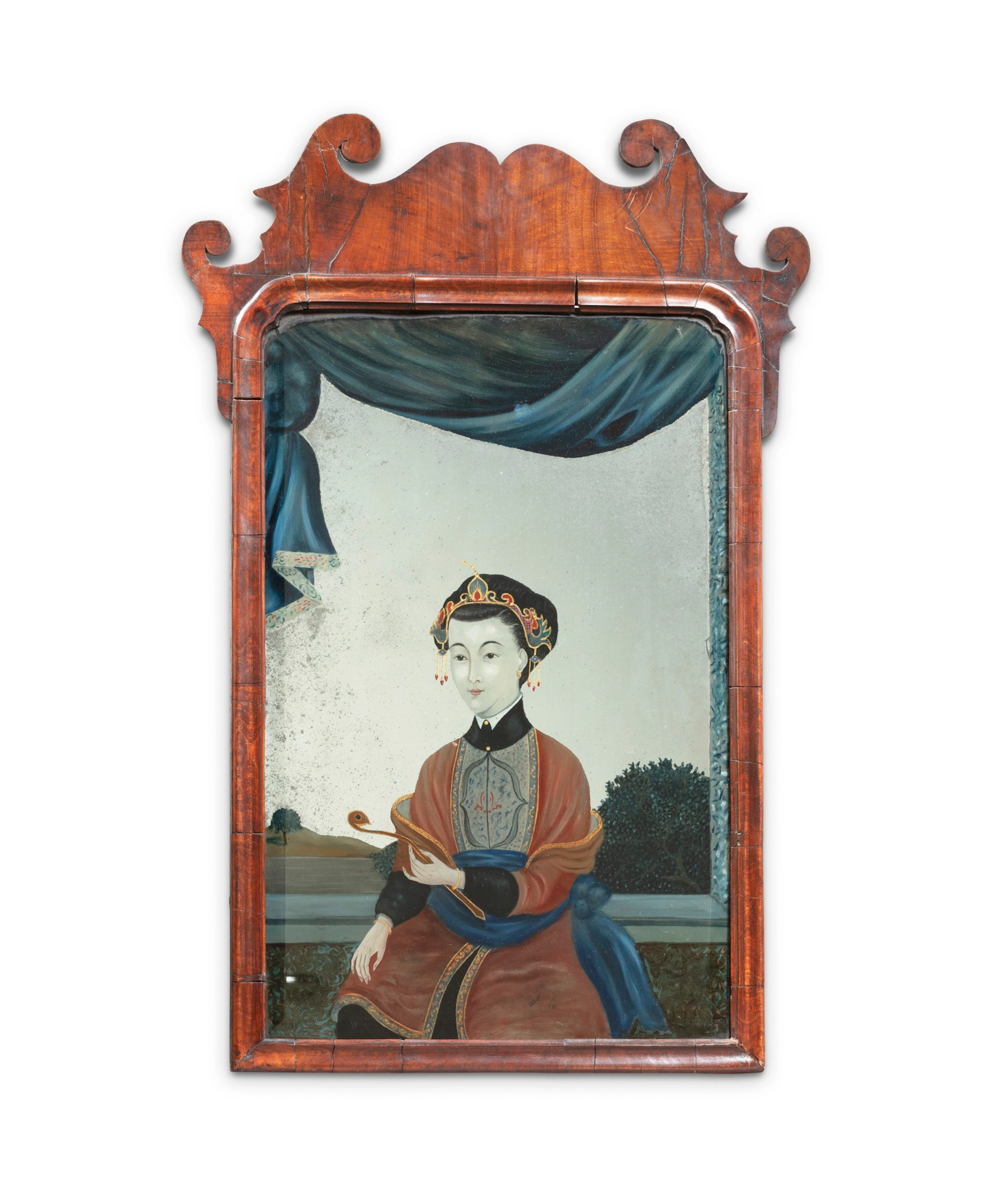 A George II walnut Chinese export reverse glass painted mirror