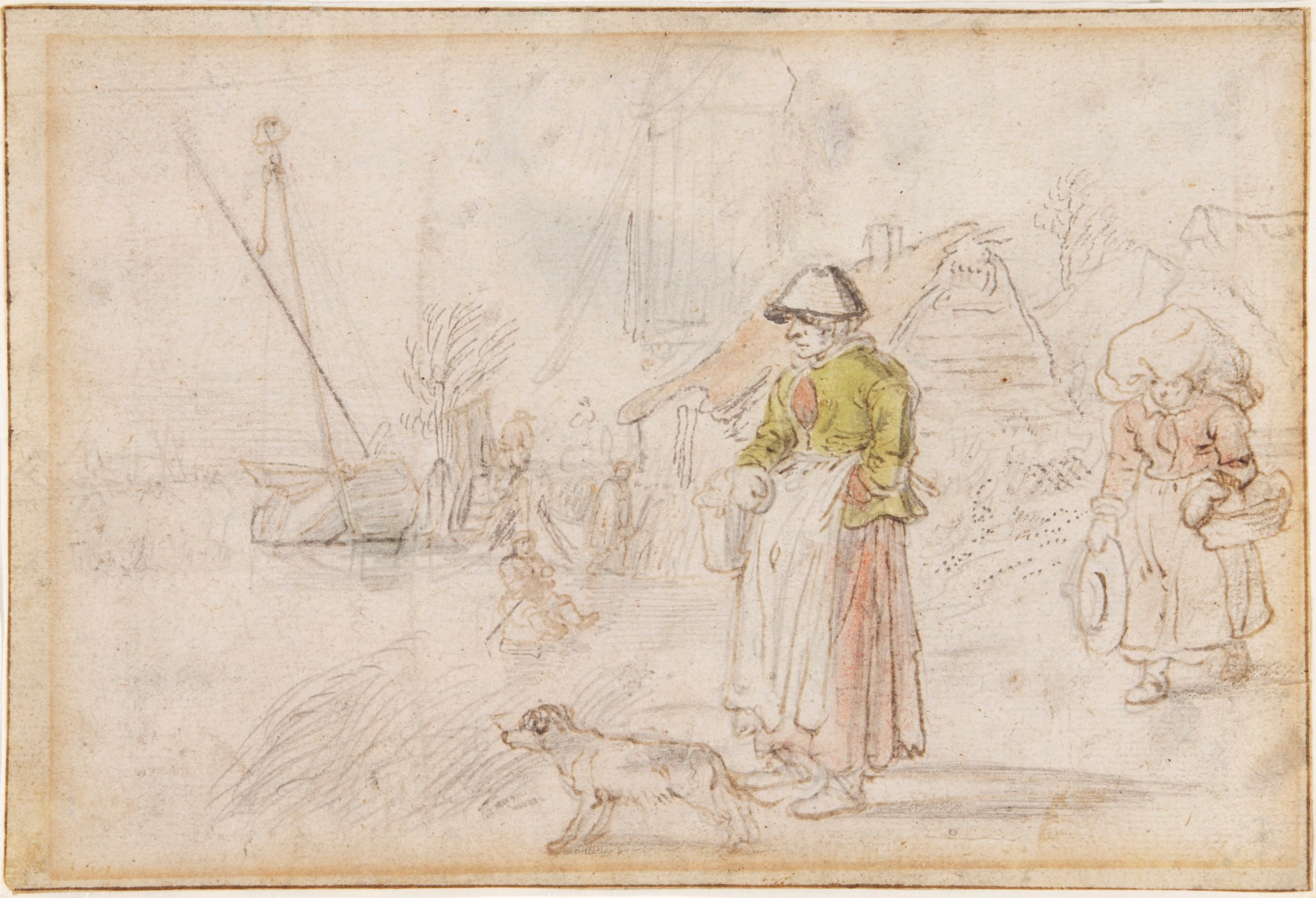Two women and a dog on a river bank near a village