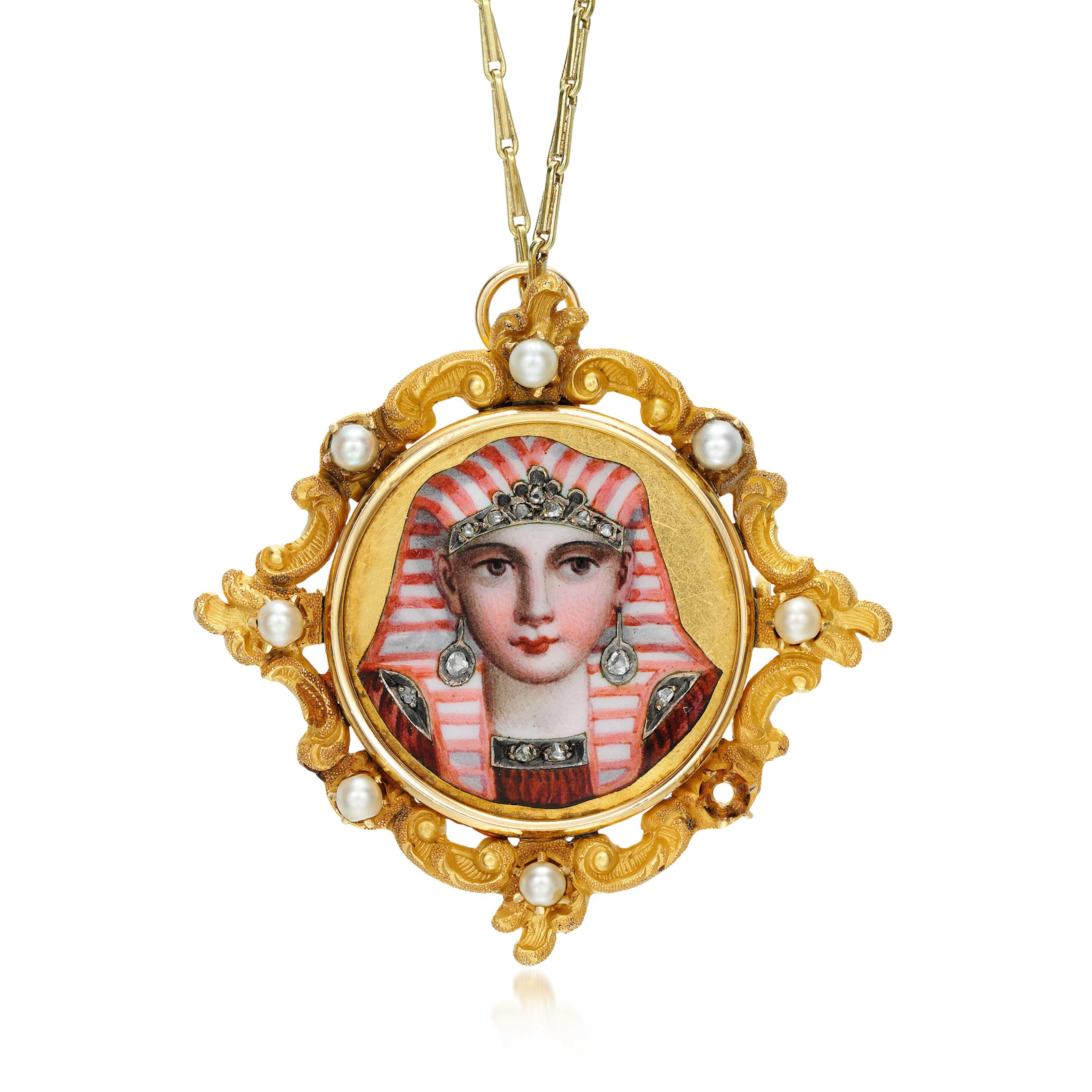 Enamel, pearl and diamond pendant necklace, 19th century