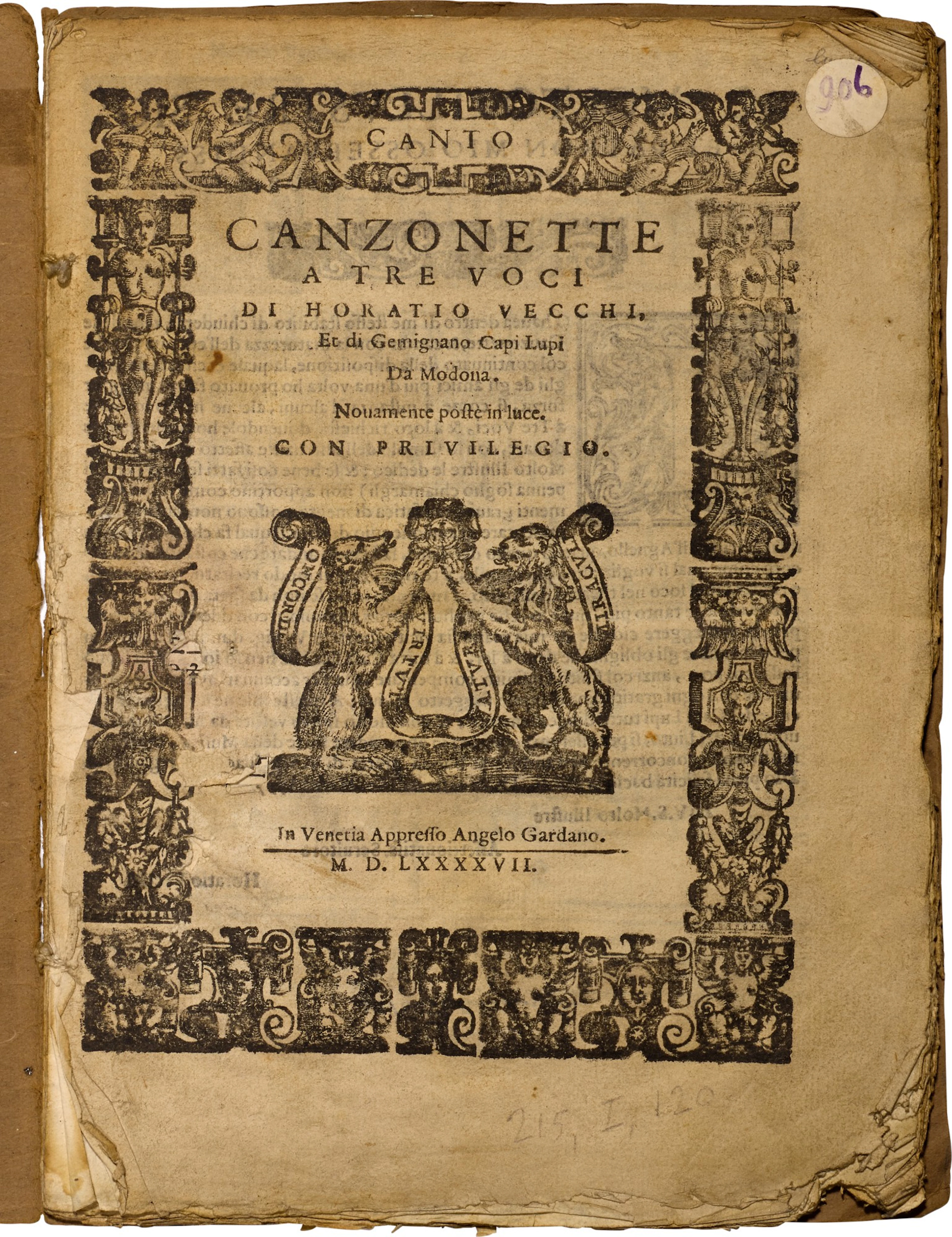 O. Vecchi. Canzonette a tre voci [Canto part only], 1597