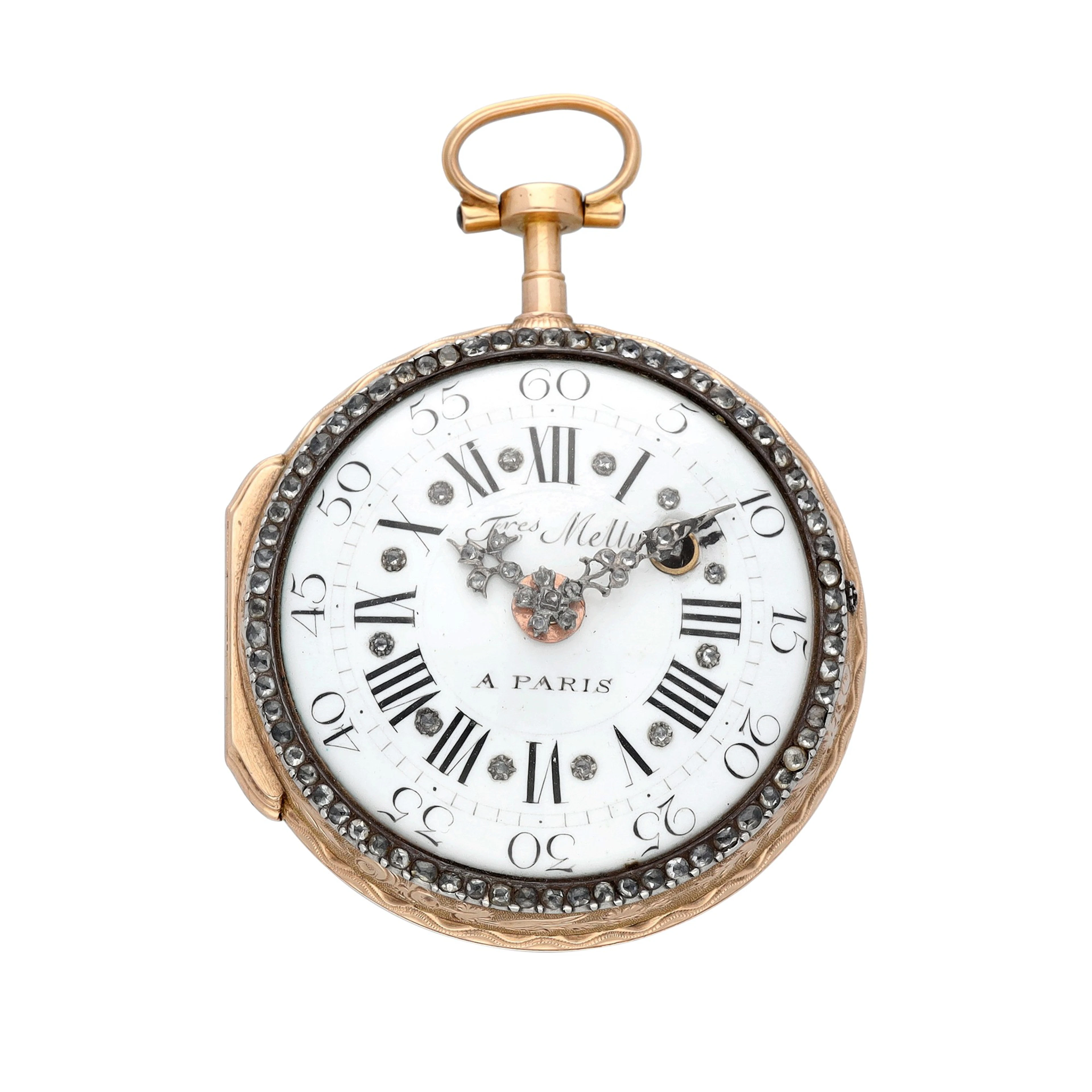A diamond-set gold and enamel watch with skeletonized back