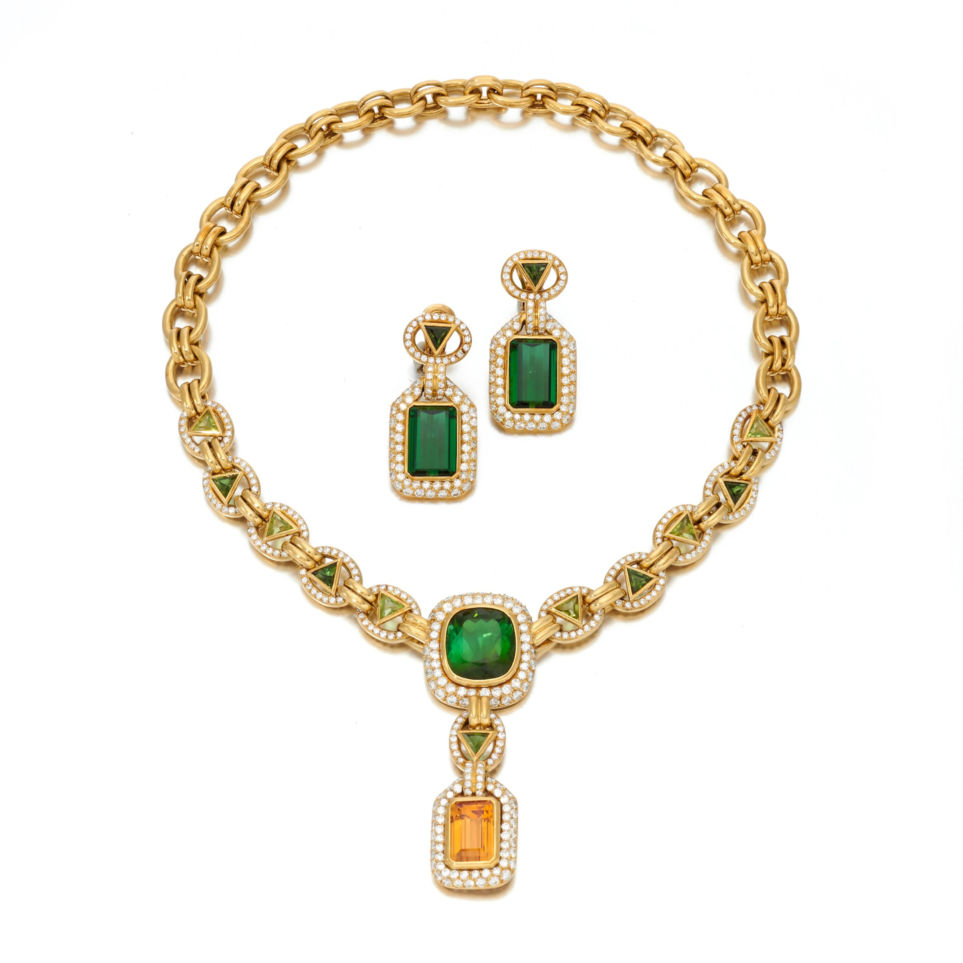 Tourmaline and diamond necklace and pair of earrings...