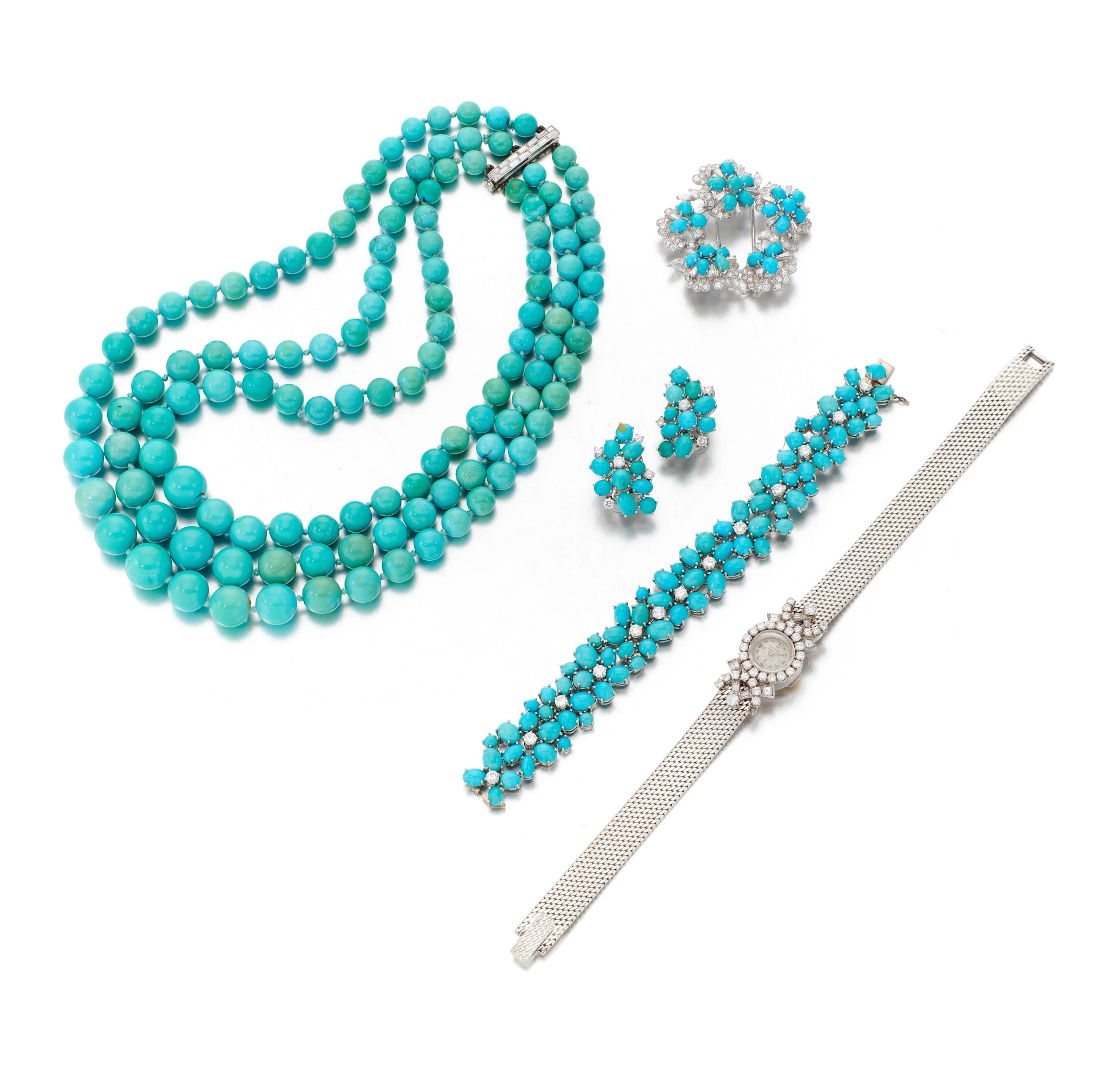 Collection of turquoise and diamond jewels and a lady's wristwatch