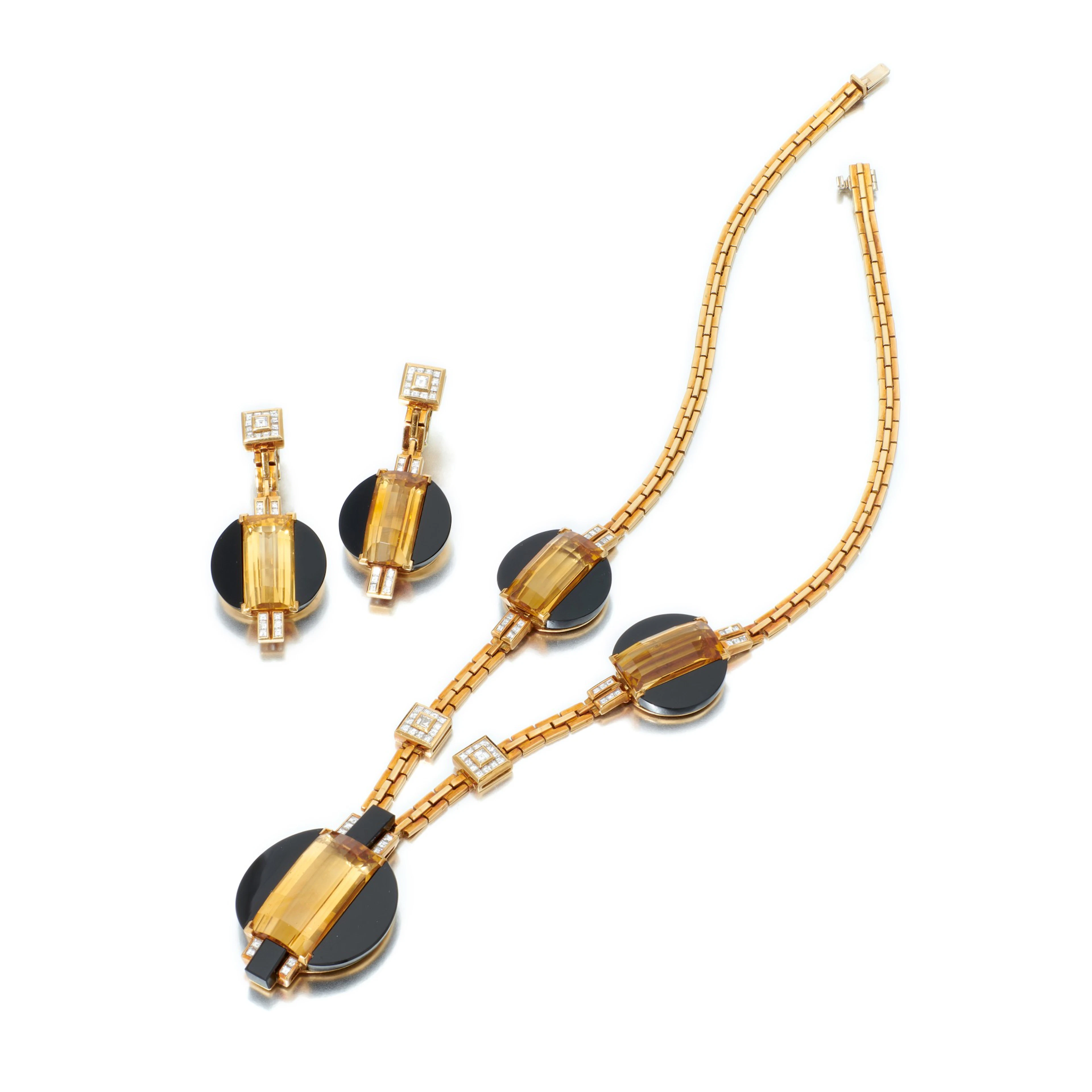 Onyx, citrine and diamond pair of earclips and necklace...
