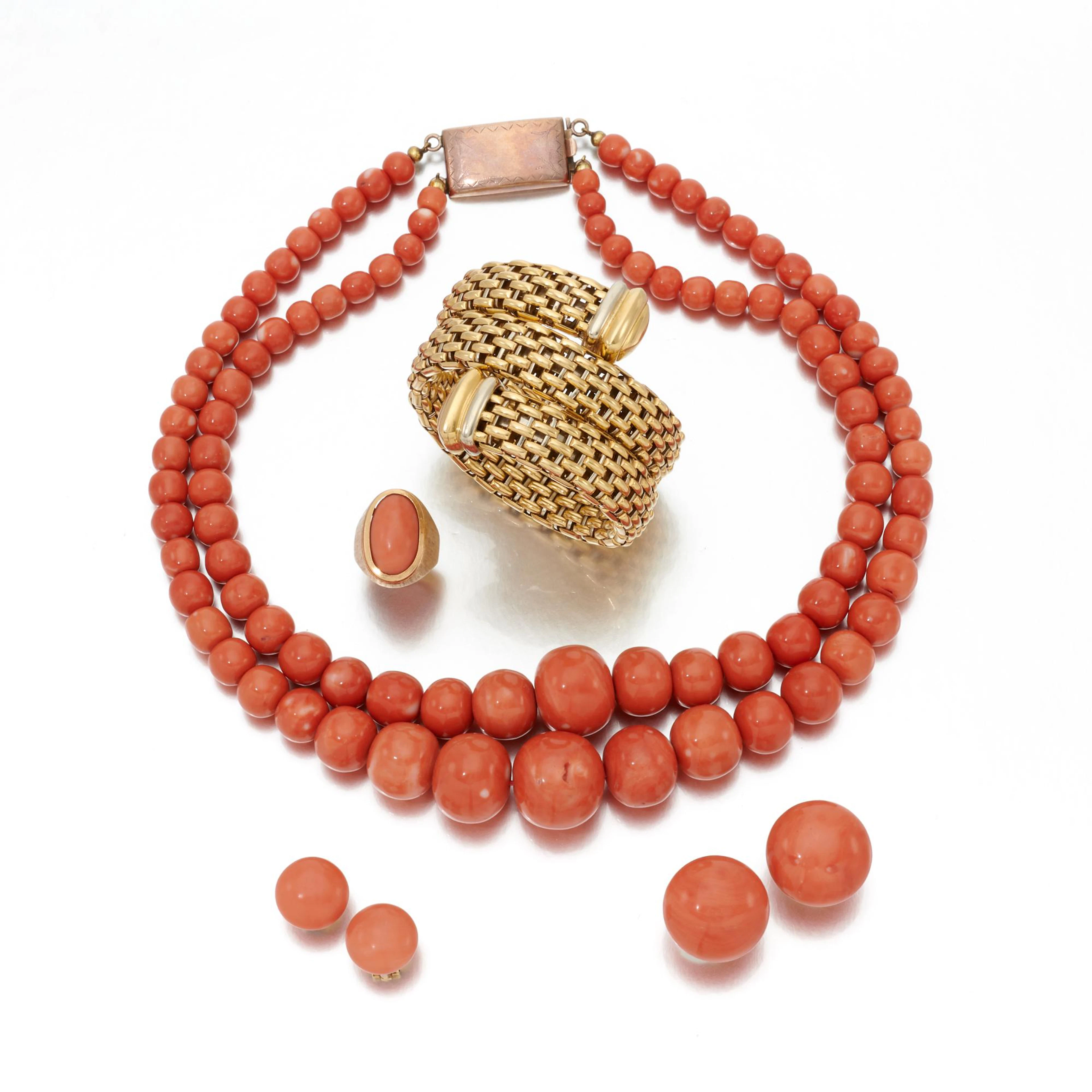 Collection of coral Jewels and a gold bracelet...