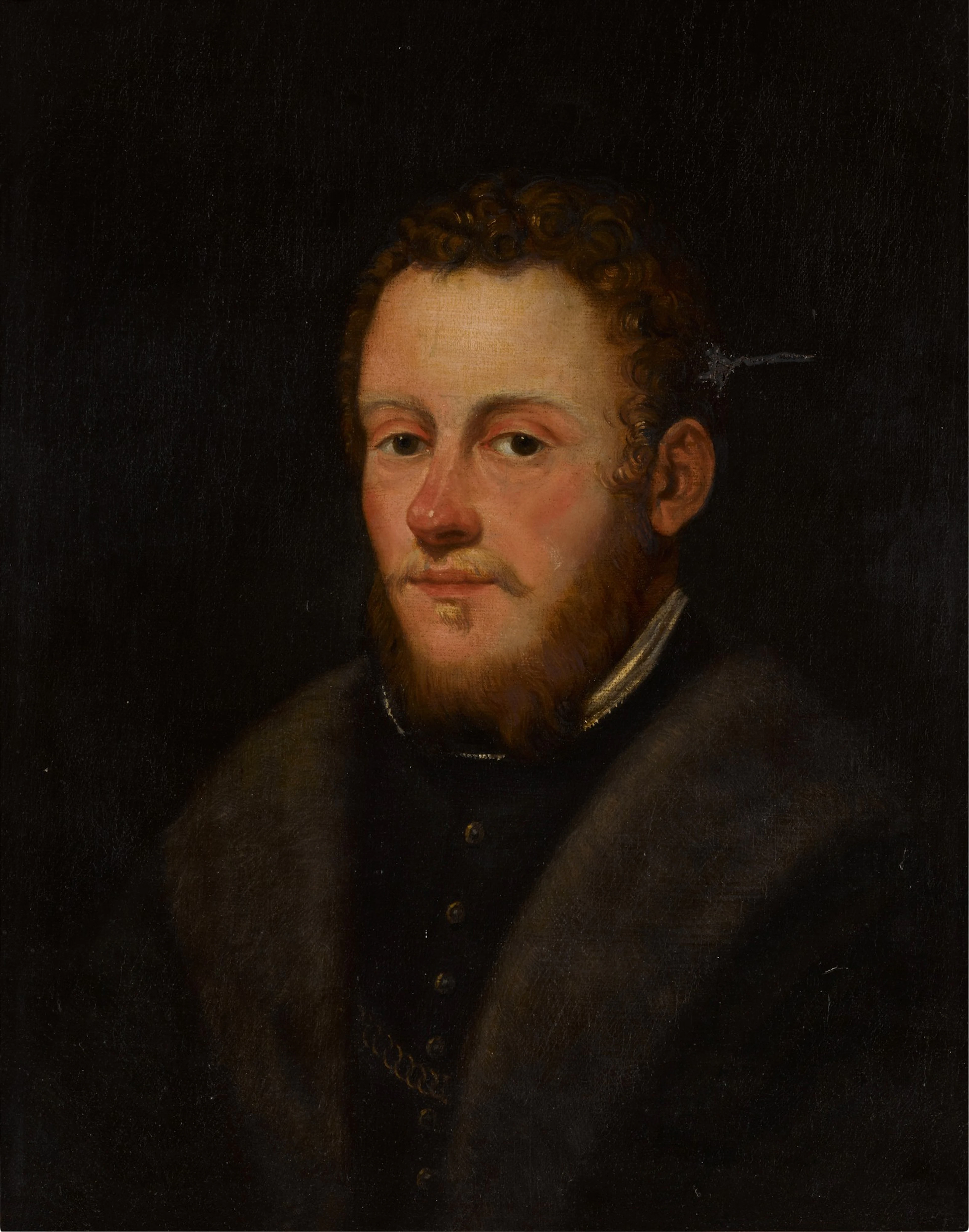 Portrait of a bearded man, bust length, wearing a fur trimmed coat