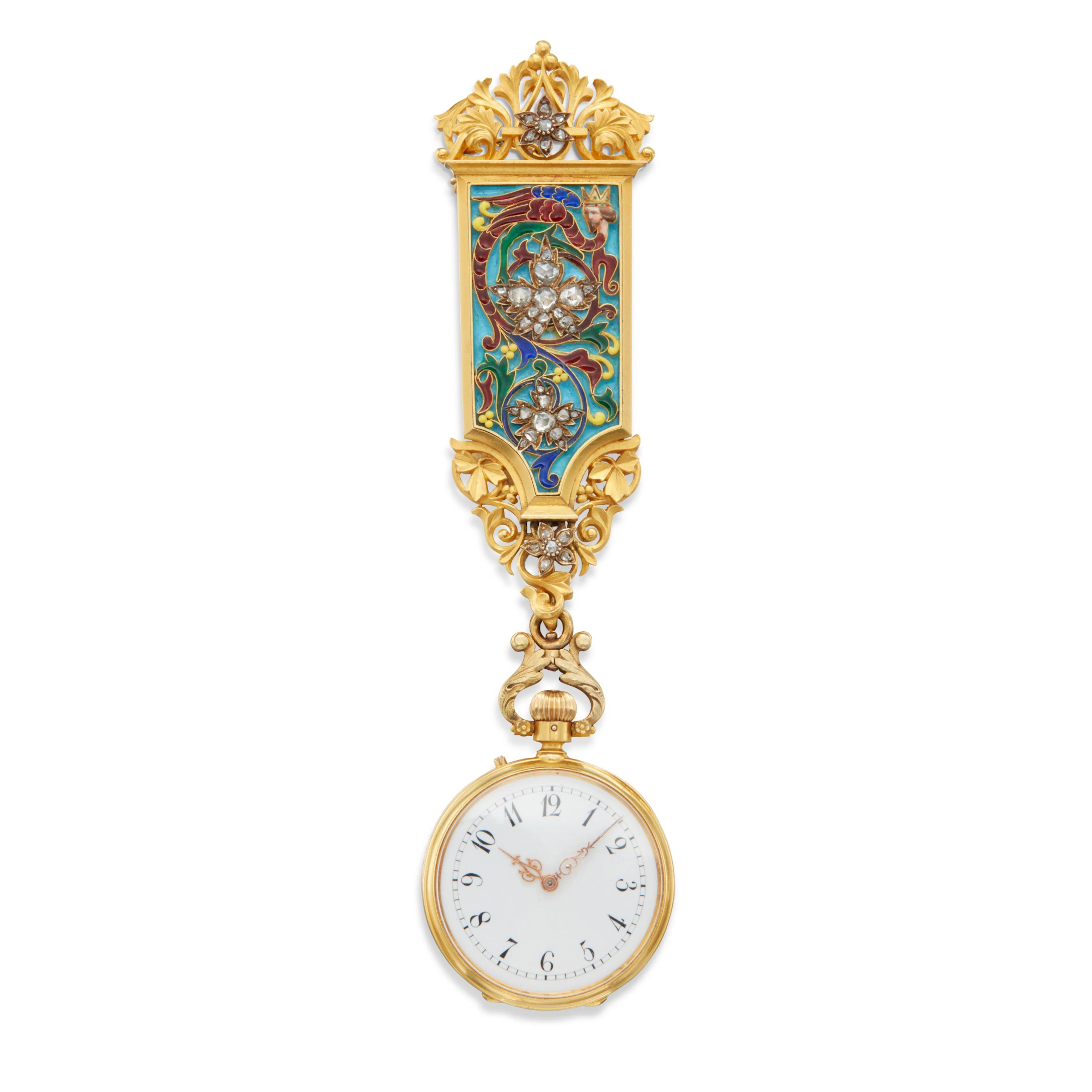 Gold, Silver, Diamond and Enamel Pendant-Watch