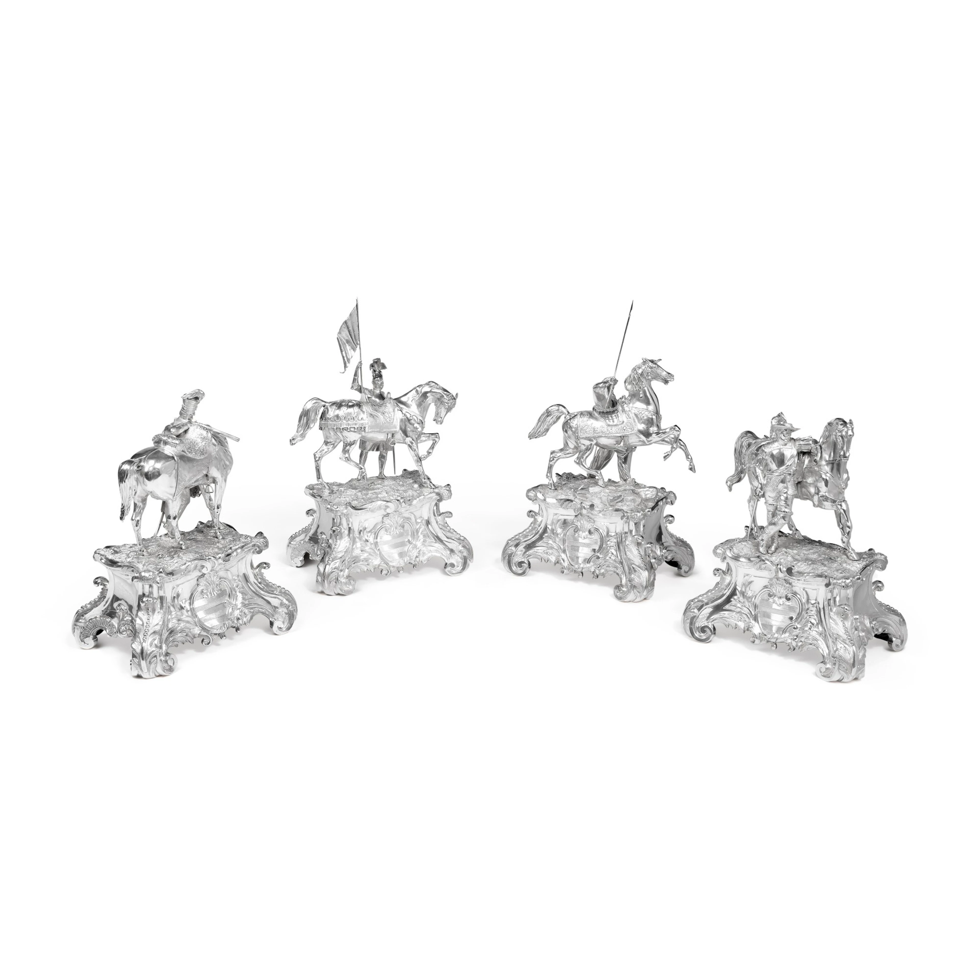 A Rare Set of Four Victorian Silver Horse and Rider Sculptures