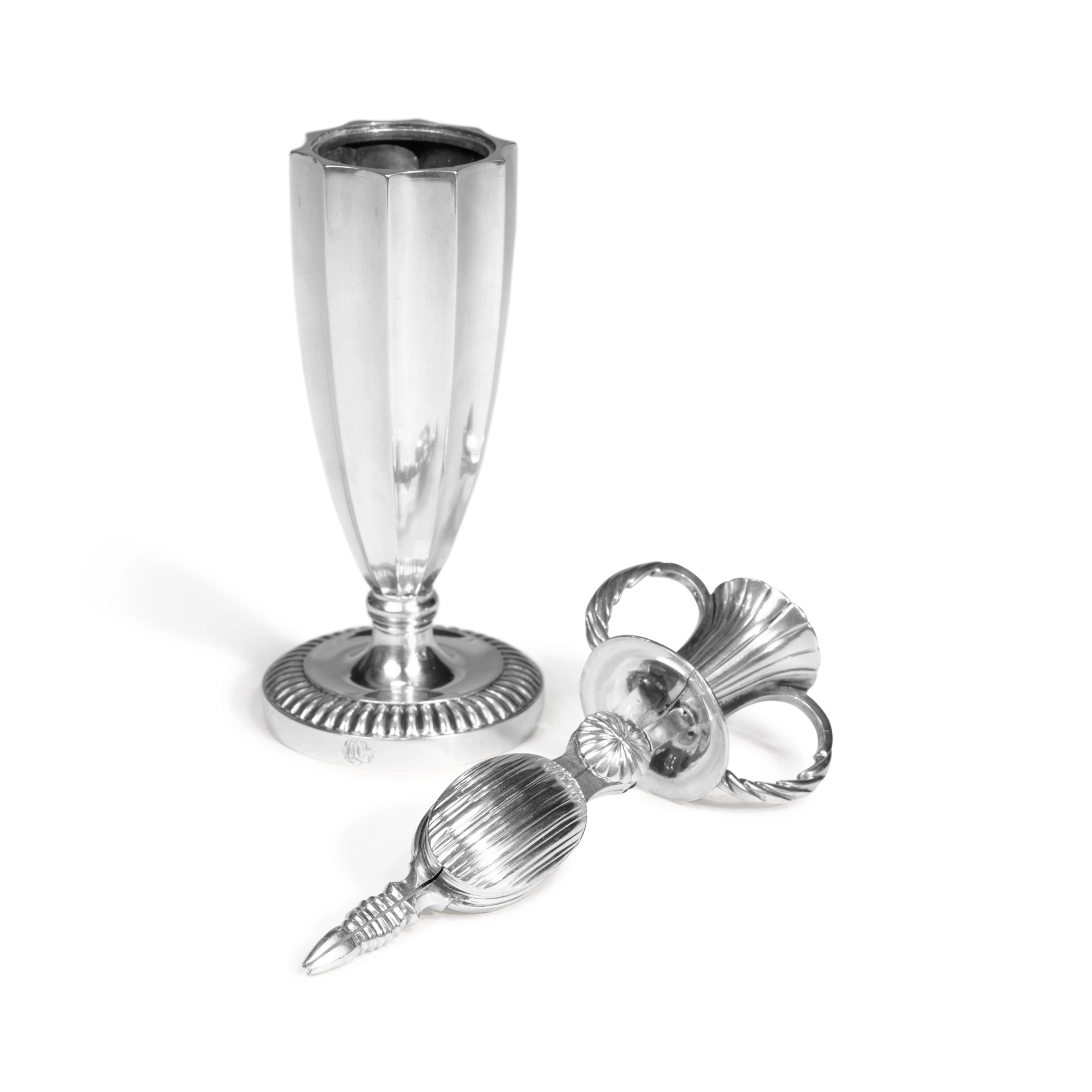 A Spanish Silver Vase-Form Snuffers and Stand