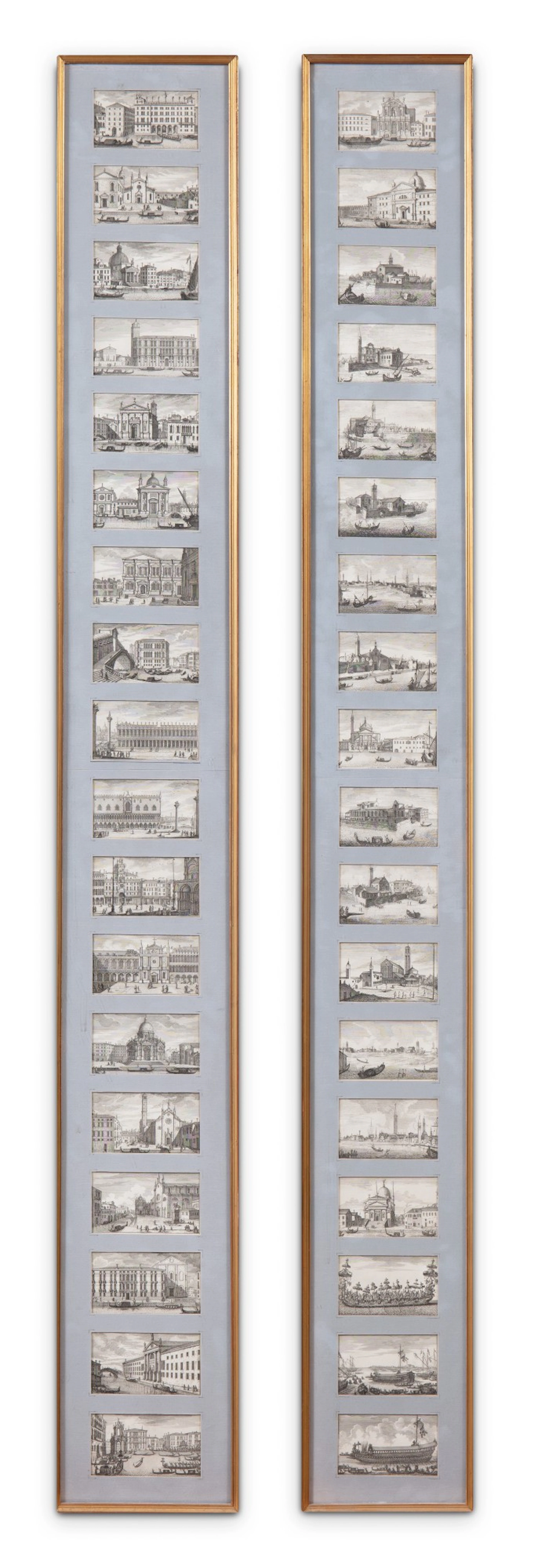 Vues de Venise. Suite de 65 gravures, réunies en trois cadres.