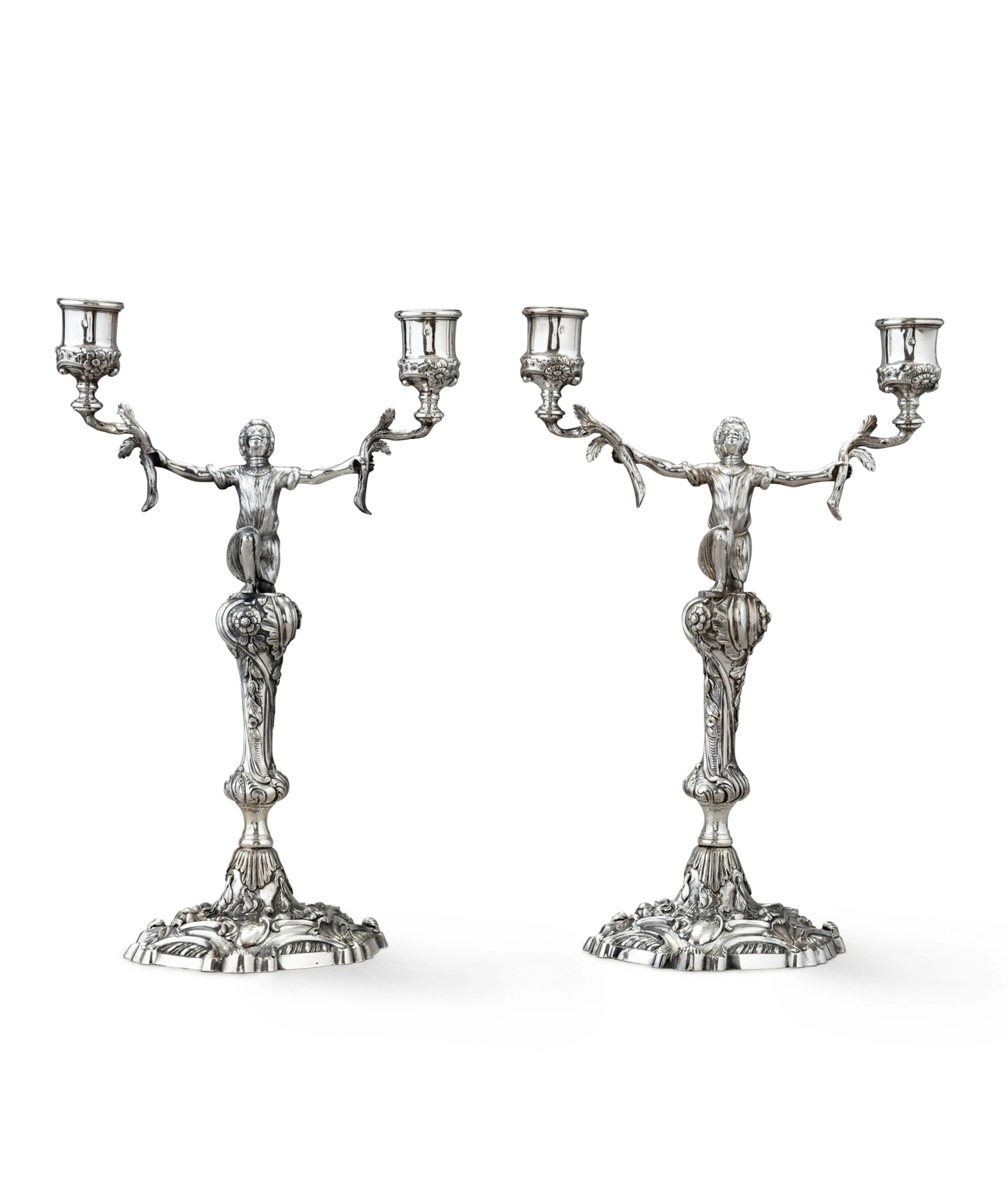 A pair of Irish silver two-light candelabra with slave motifs