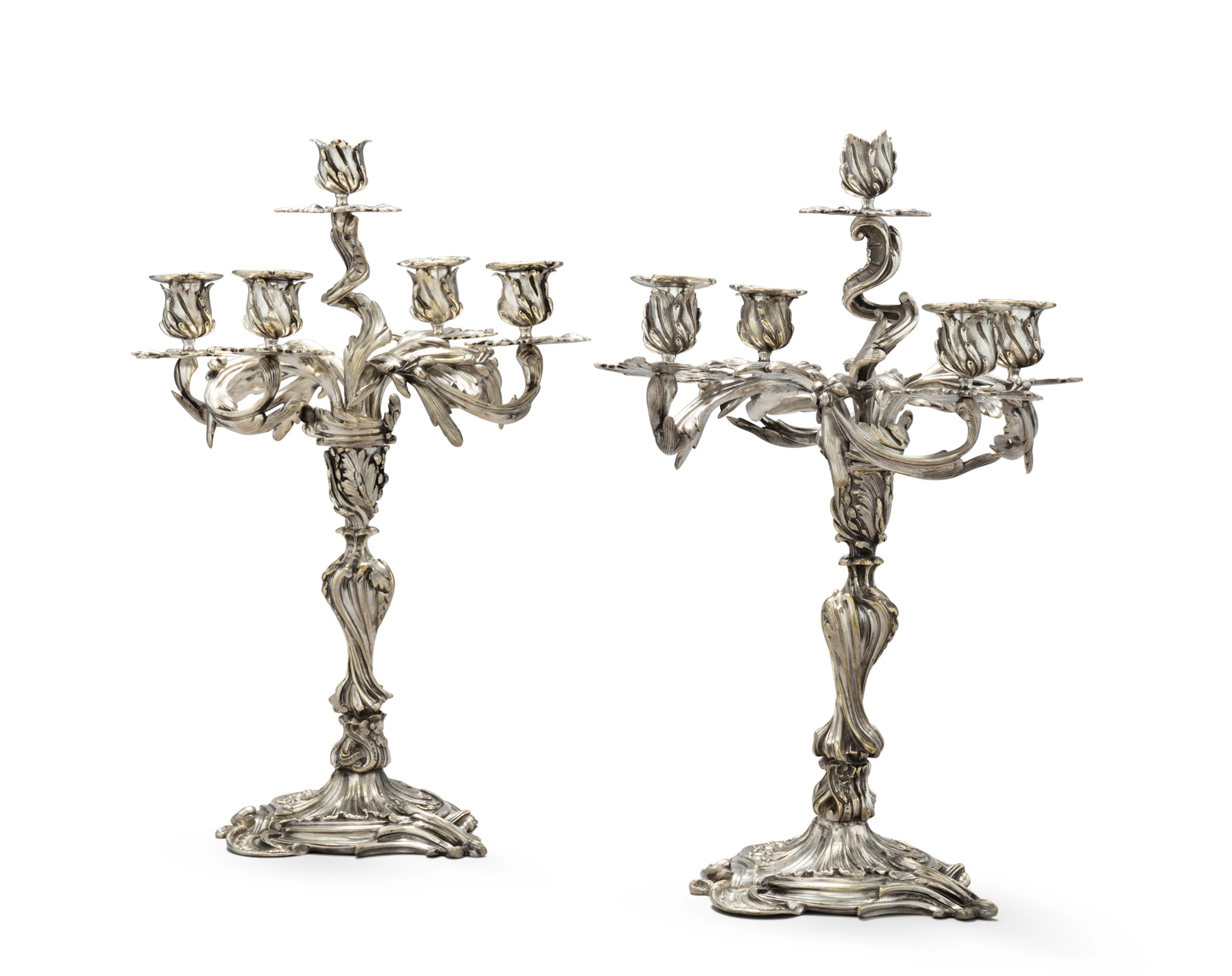 A pair of silver-plated bronze five-light candelabra in the Louis XV style