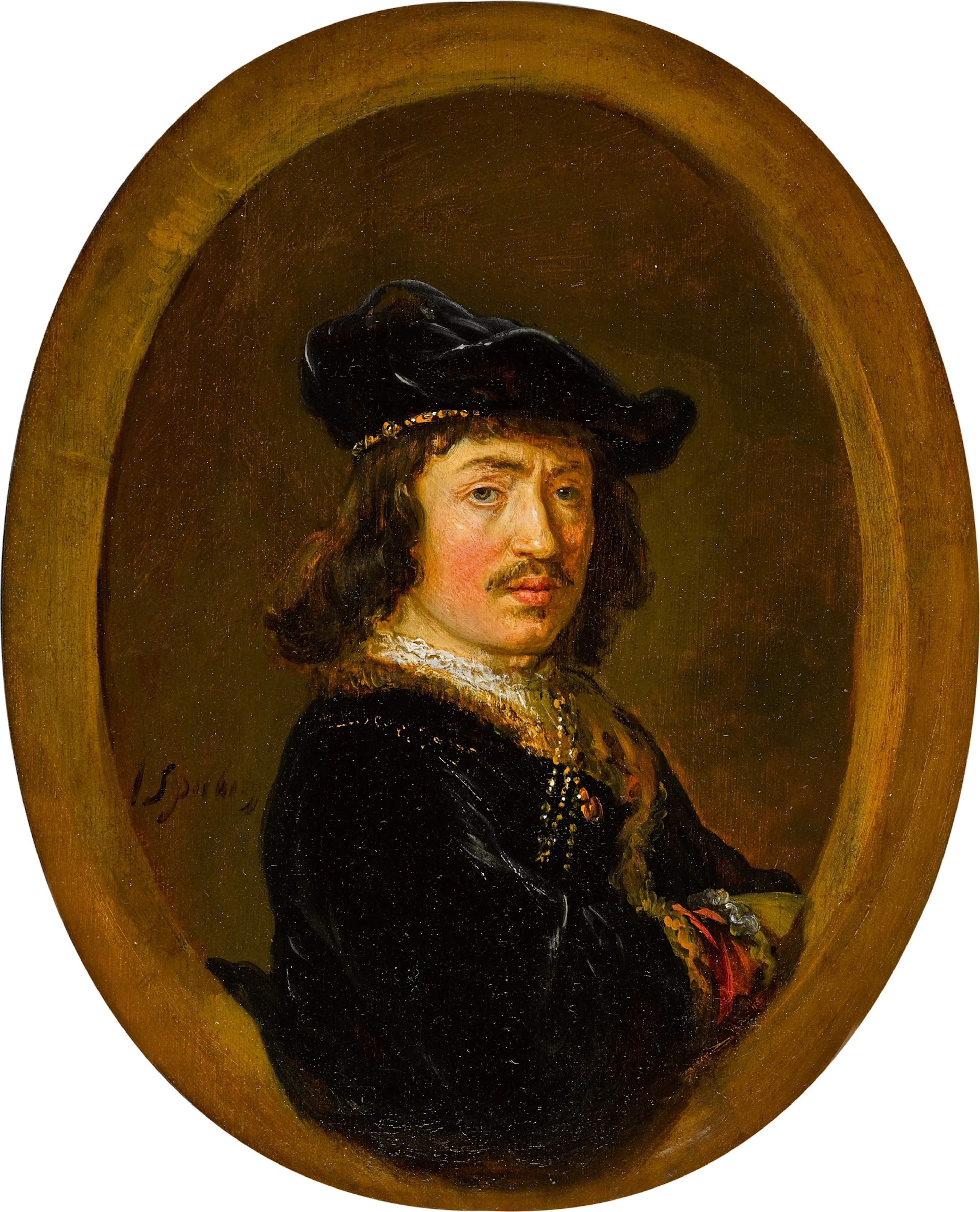 Portrait of a gentleman in black, wearing a chain and a hat, in a painted oval