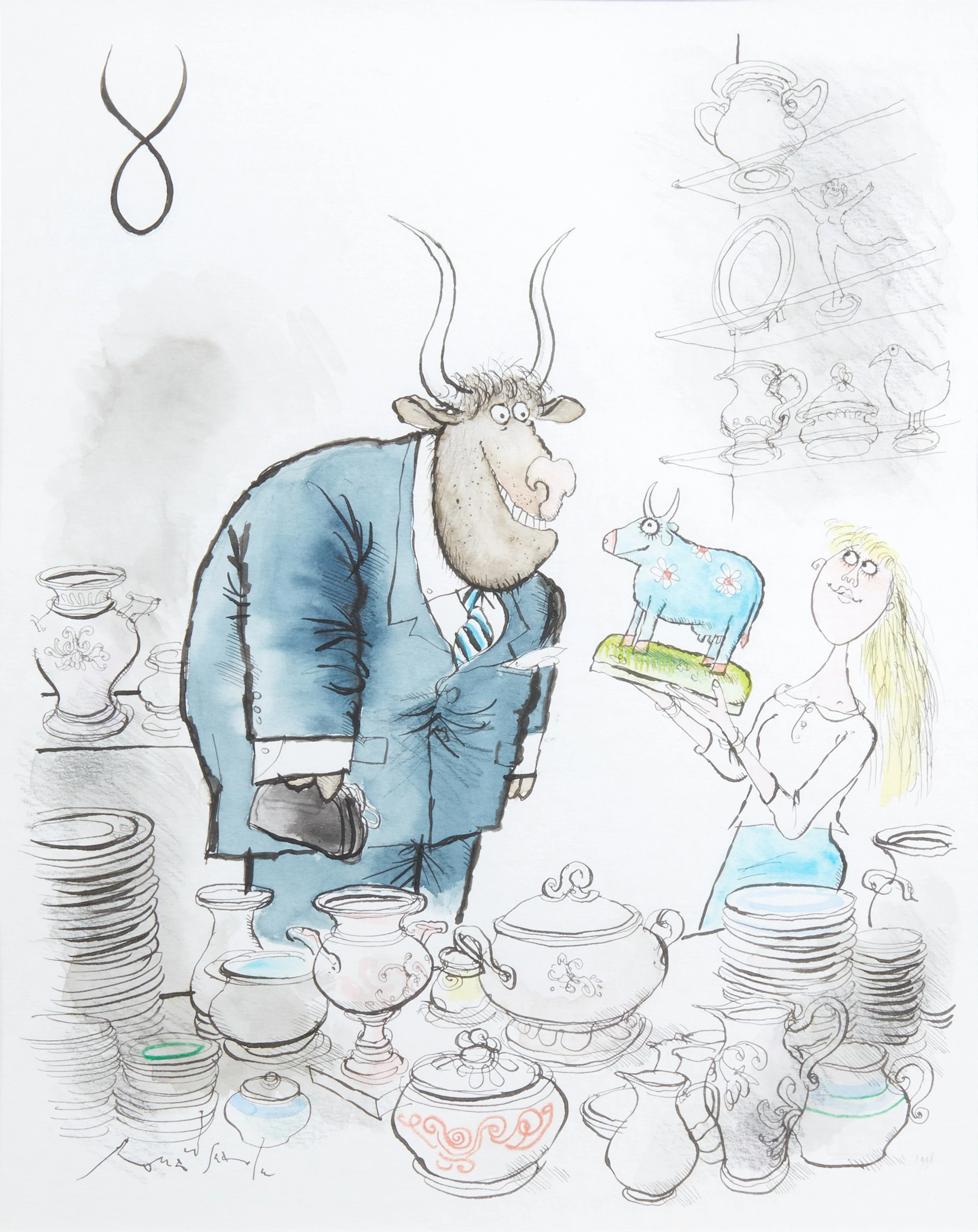 Ronald Searle | "Taurus", pen, ink and watercolour drawing, framed and glazed