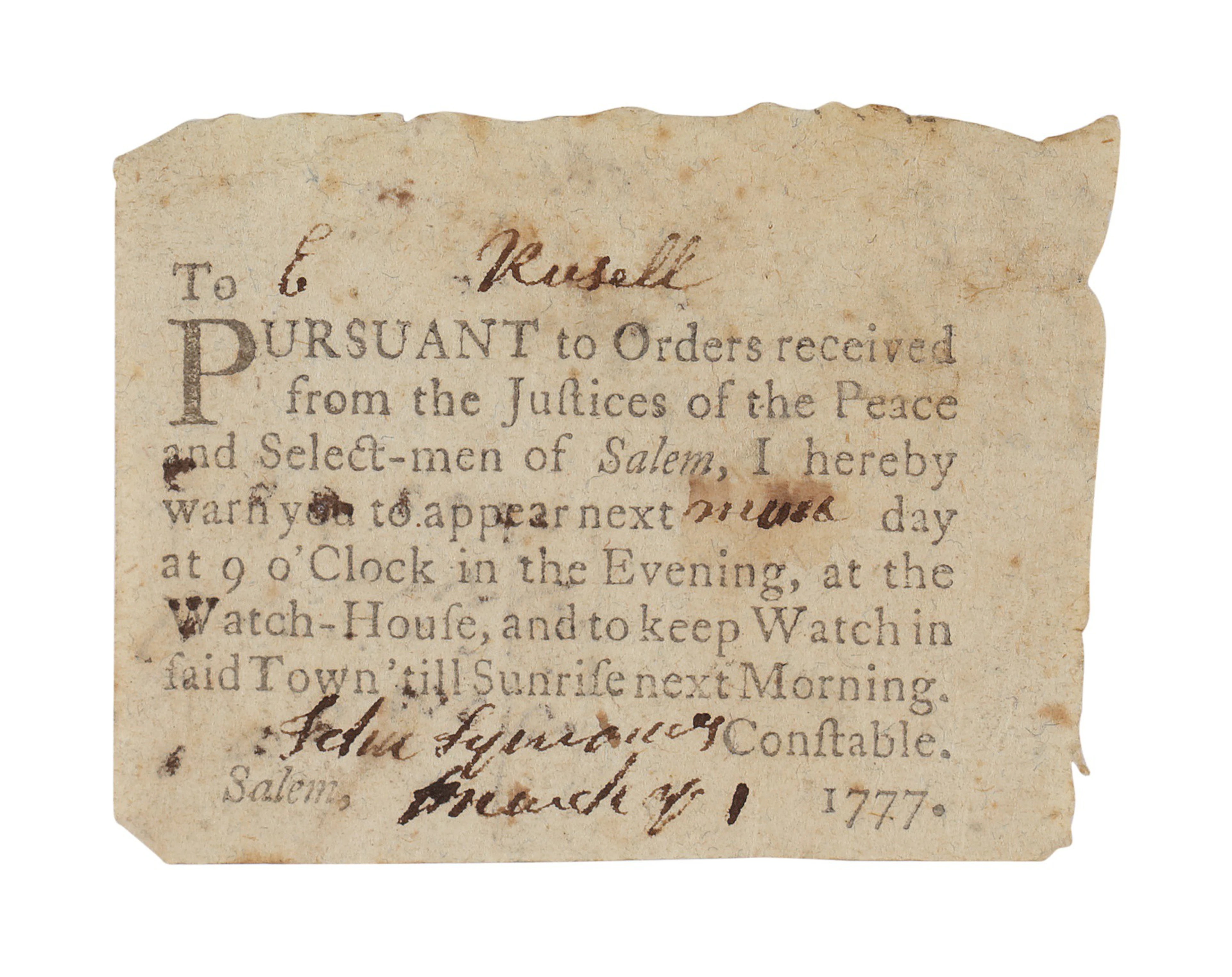Russell, Ezekiel | A very scarce Salem handbill issued to...