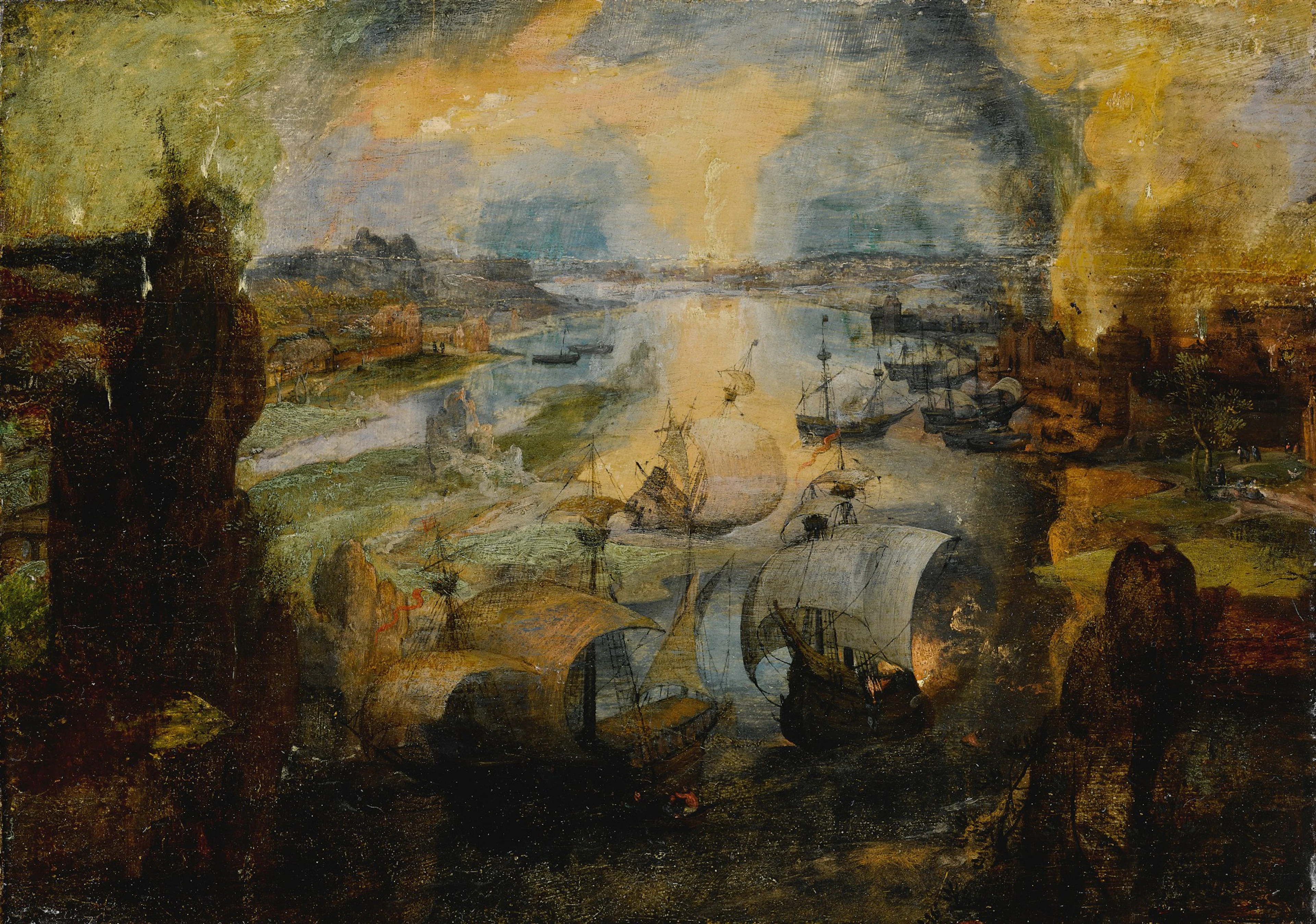 Seascape with ships and a burning city