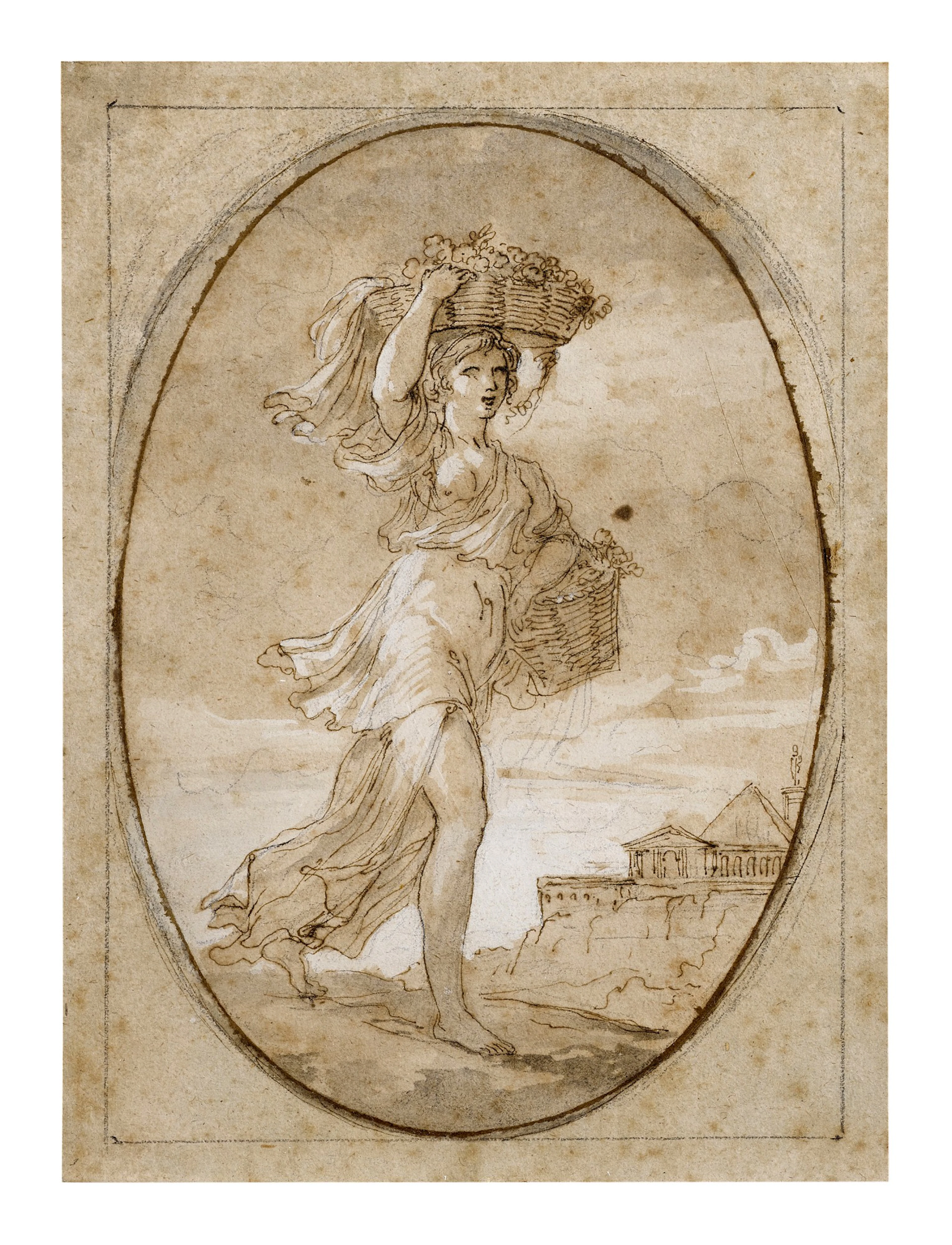 Recto: A woman carrying two baskets of flowers (Flora?)...