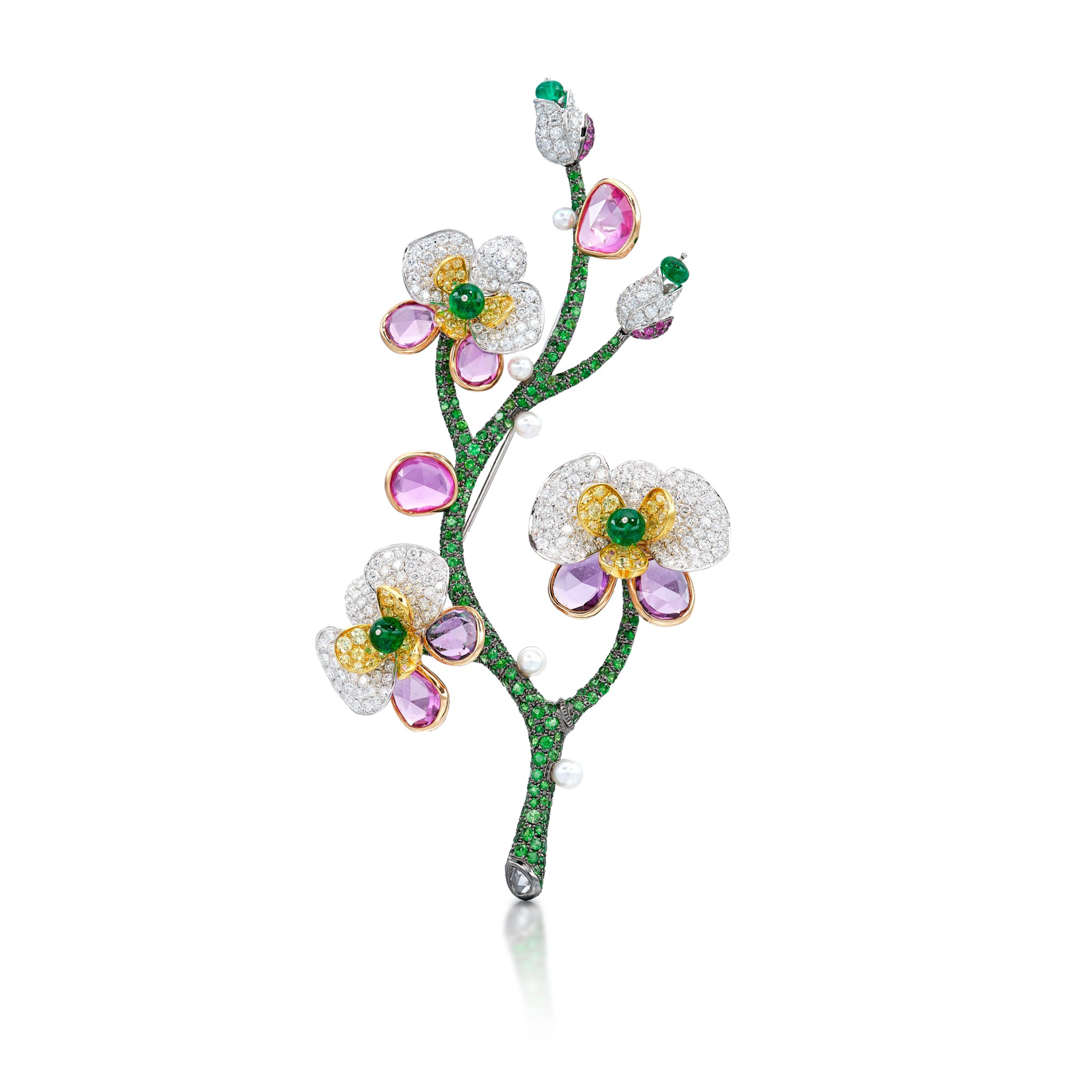 Gem Set, Diamond and Cultured Pearl Brooch | 寶石 配 鑽石 及 養殖珍珠 胸針