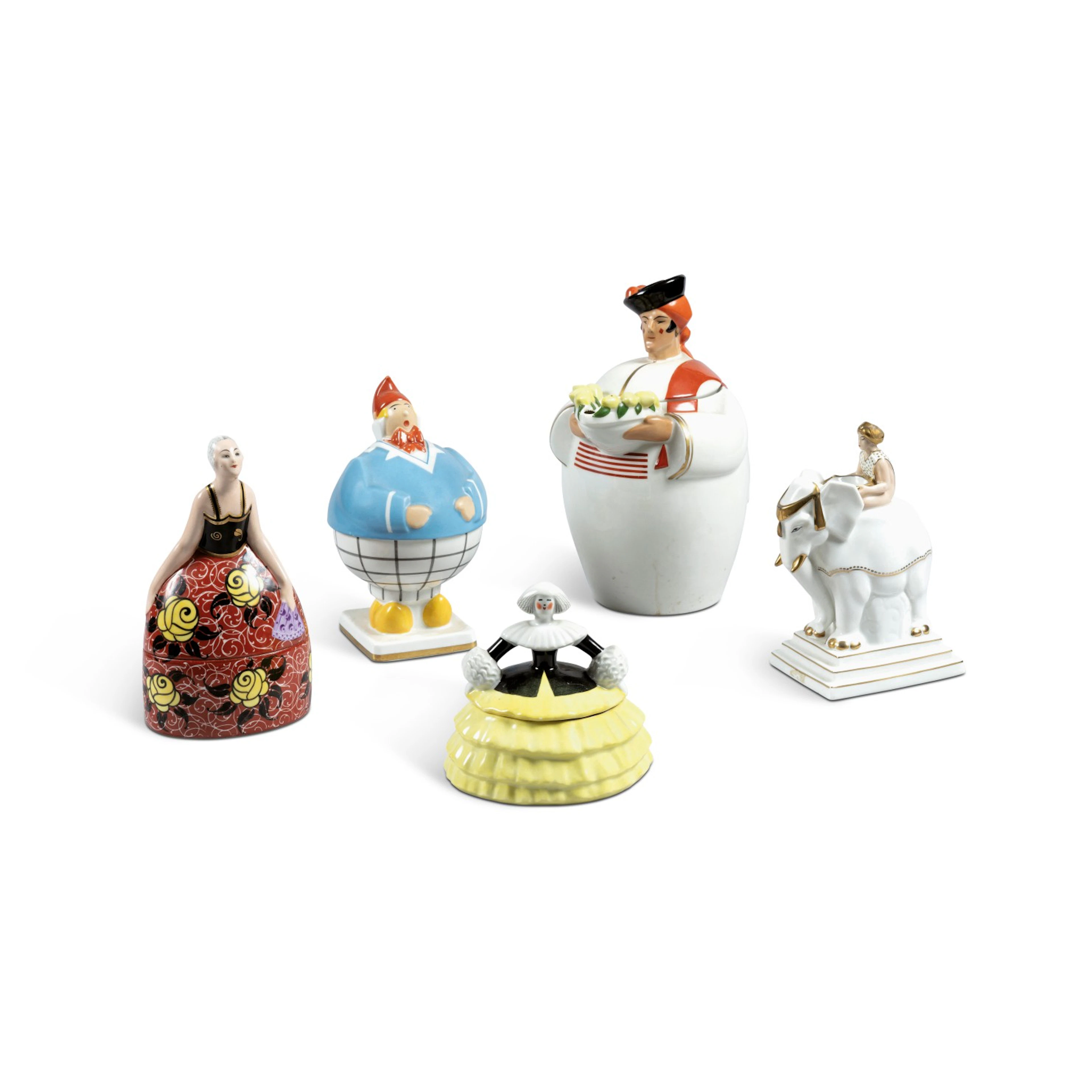 Three anthropomorphic covered bowls, a teapot and an elephant, circa 1930